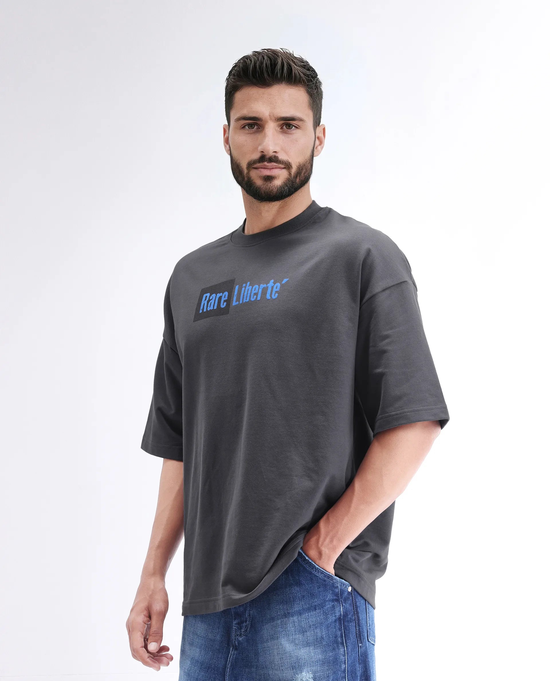 Rare Rabbit Men's Moshe Grey Cotton Graphic Print Oversized Fit Half Sleeve Crew Neck T-Shirt