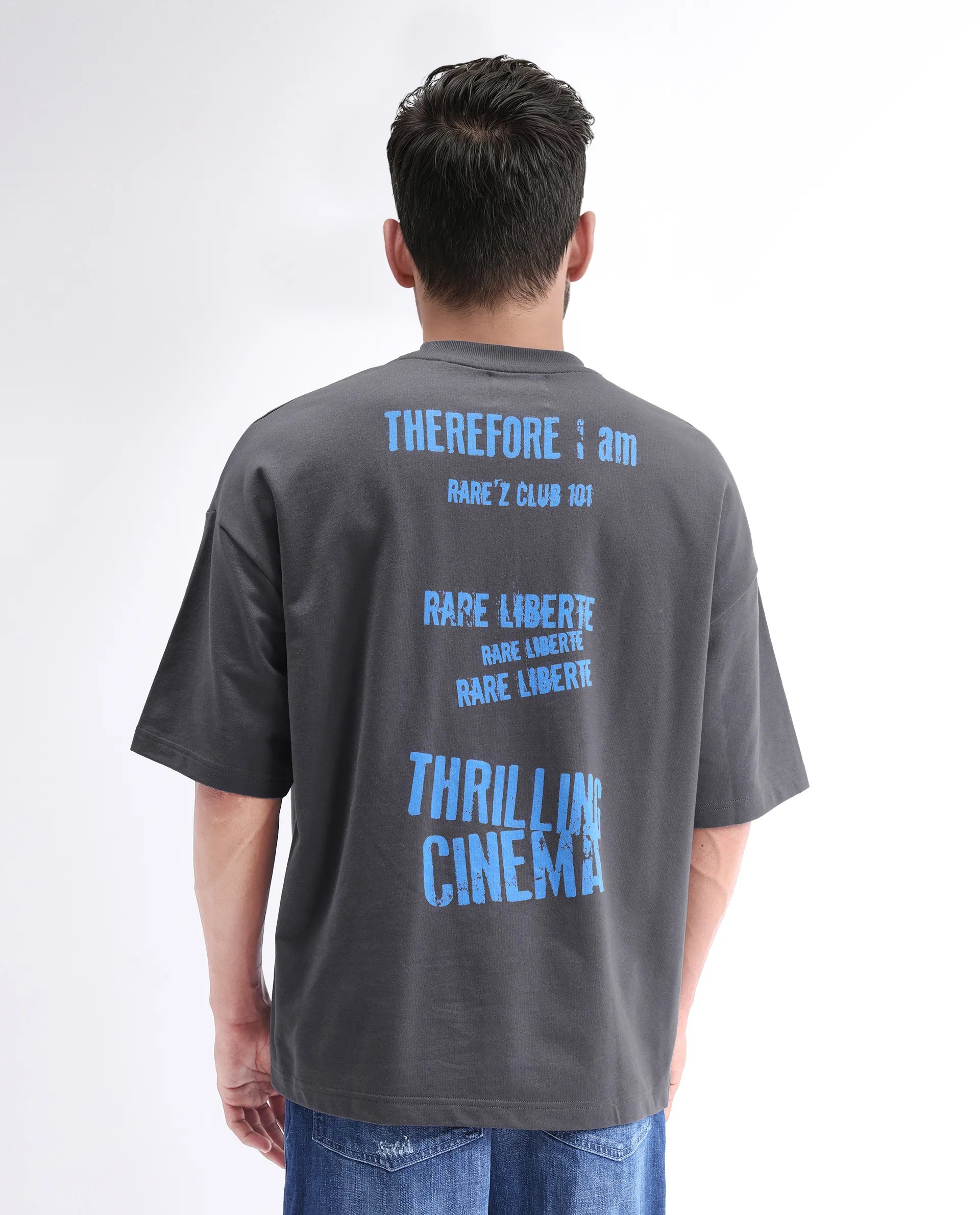 Rare Rabbit Men's Moshe Grey Cotton Graphic Print Oversized Fit Half Sleeve Crew Neck T-Shirt