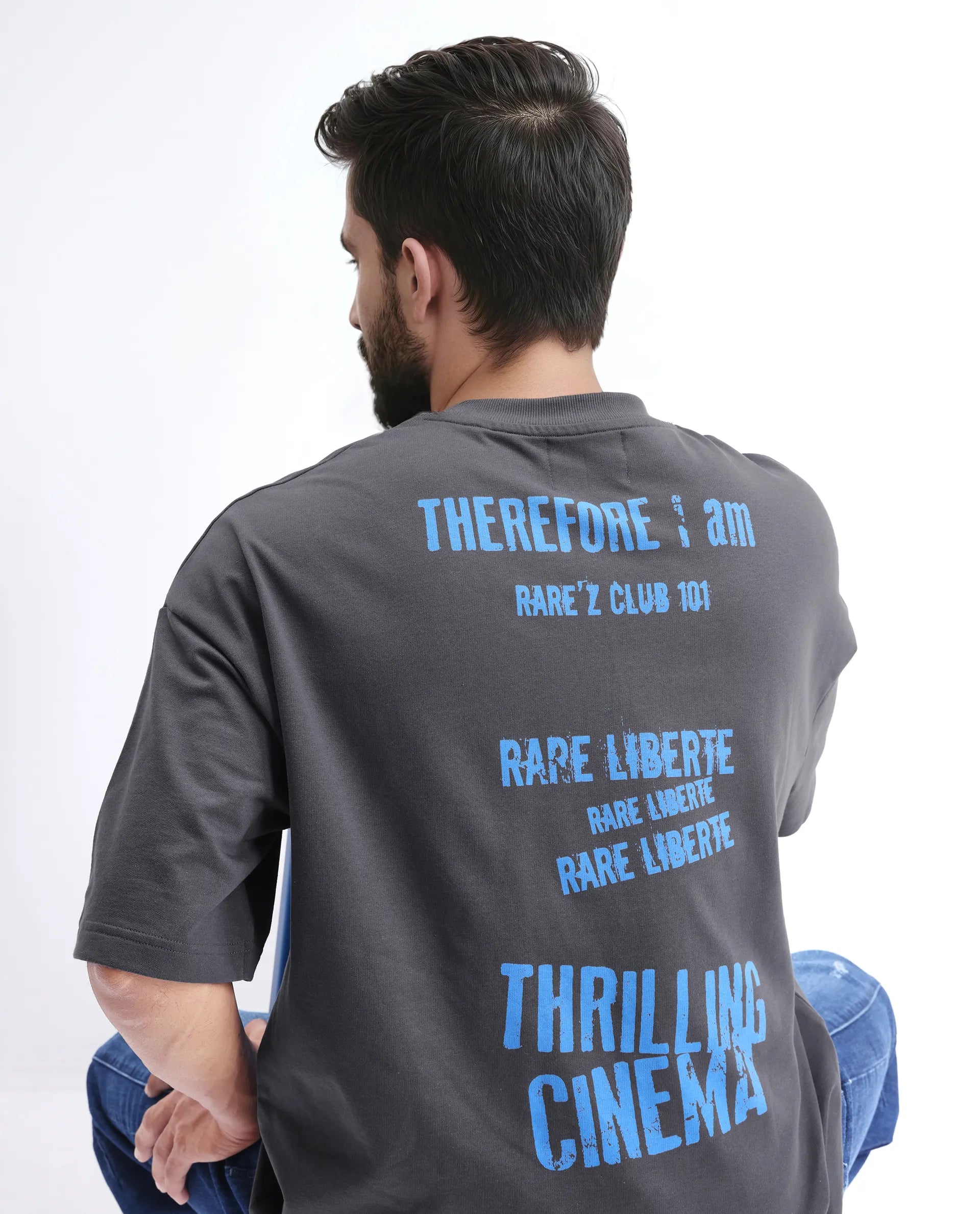 Rare Rabbit Men's Moshe Grey Cotton Graphic Print Oversized Fit Half Sleeve Crew Neck T-Shirt