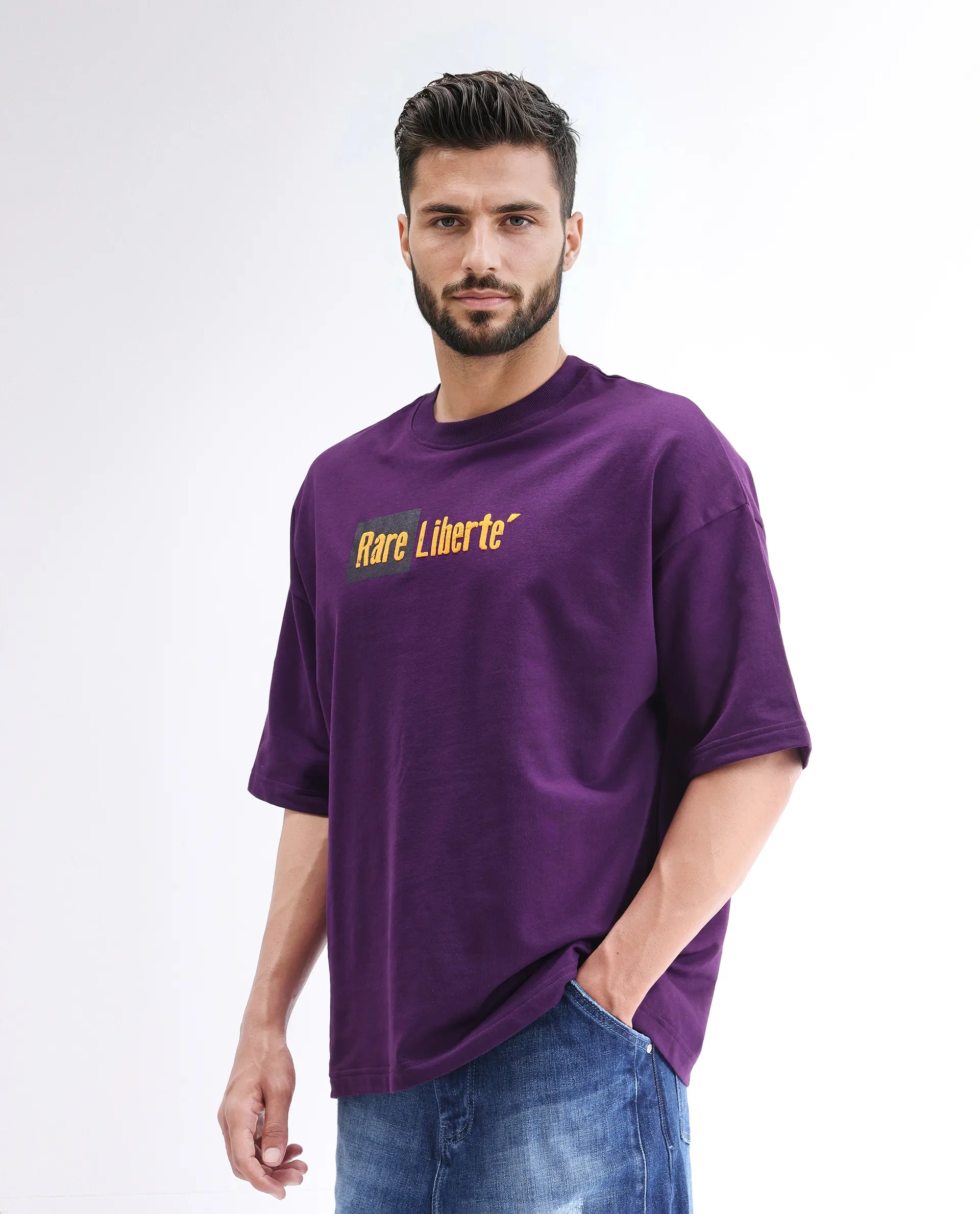 Rare Rabbit Men's Moshe Purple Cotton Graphic Print Oversized Fit Half Sleeve Crew Neck T-Shirt