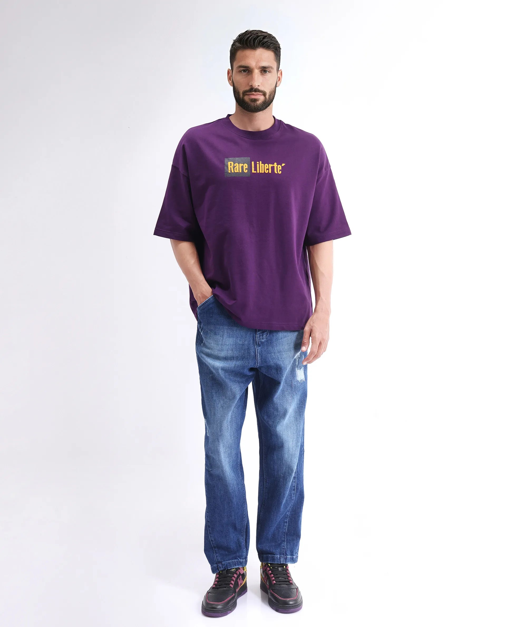 Rare Rabbit Men's Moshe Purple Cotton Graphic Print Oversized Fit Half Sleeve Crew Neck T-Shirt