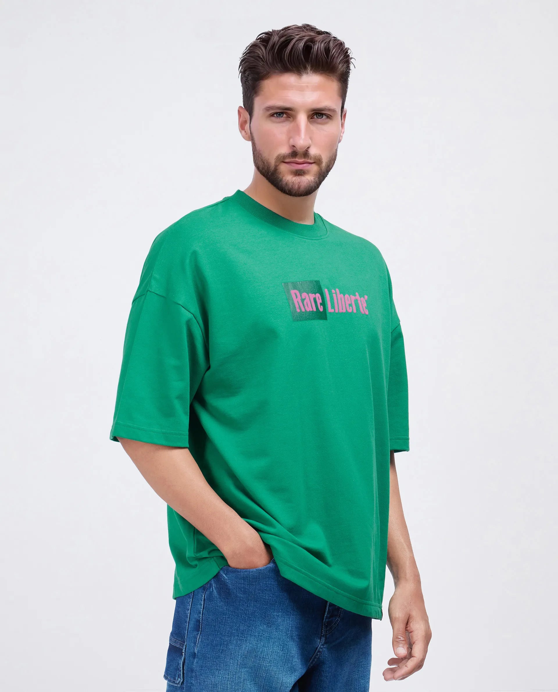 Rare Rabbit Men Moshe Green Cotton Fabric Short Sleeve Slip-On Oversized Fit Printed T-Shirt