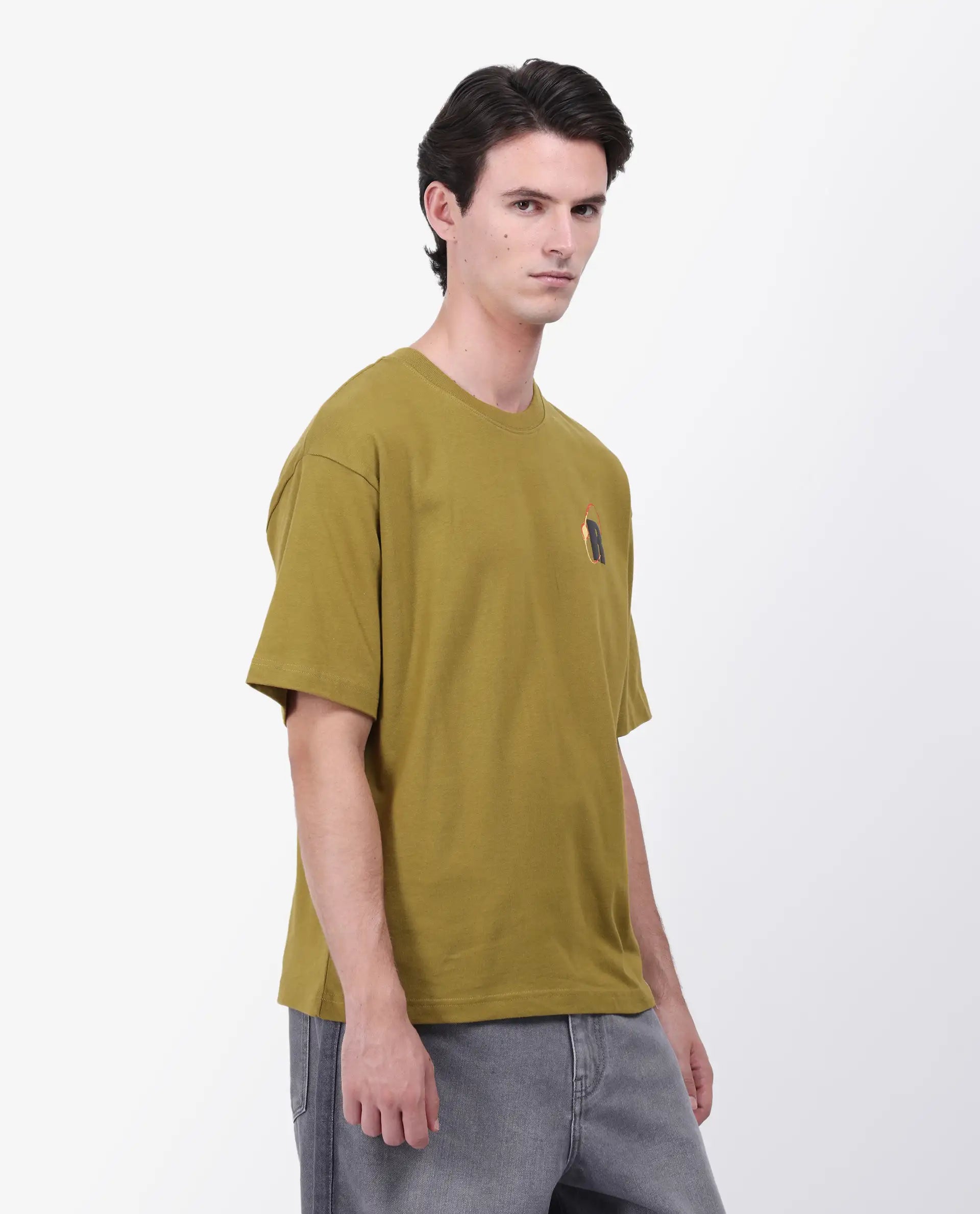 Rare Rabbit Men's Mosh Olive Cotton Graphic Back Print Oversized Fit Half Sleeve Crew Neck T-Shirt
