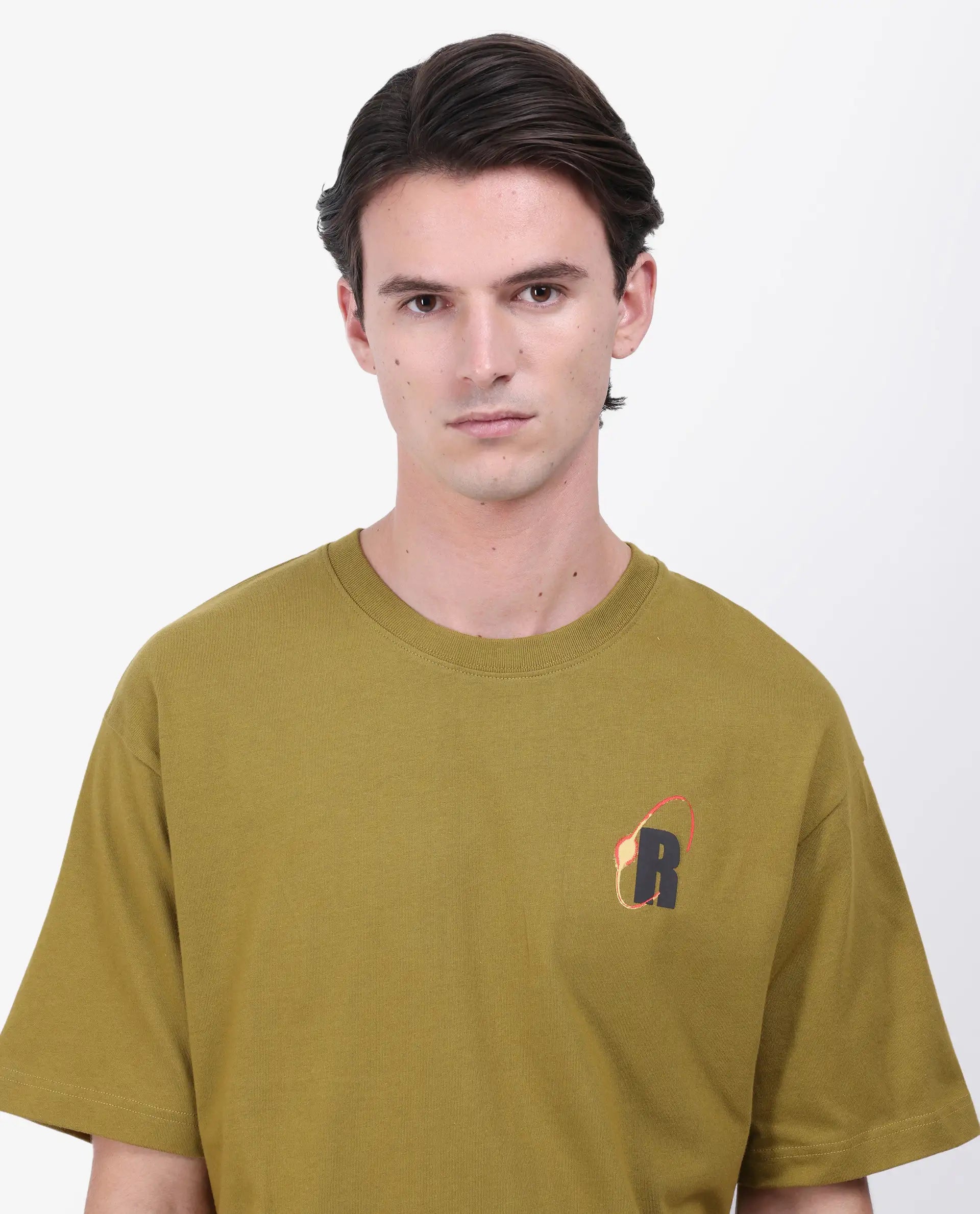 Rare Rabbit Men's Mosh Olive Cotton Graphic Back Print Oversized Fit Half Sleeve Crew Neck T-Shirt
