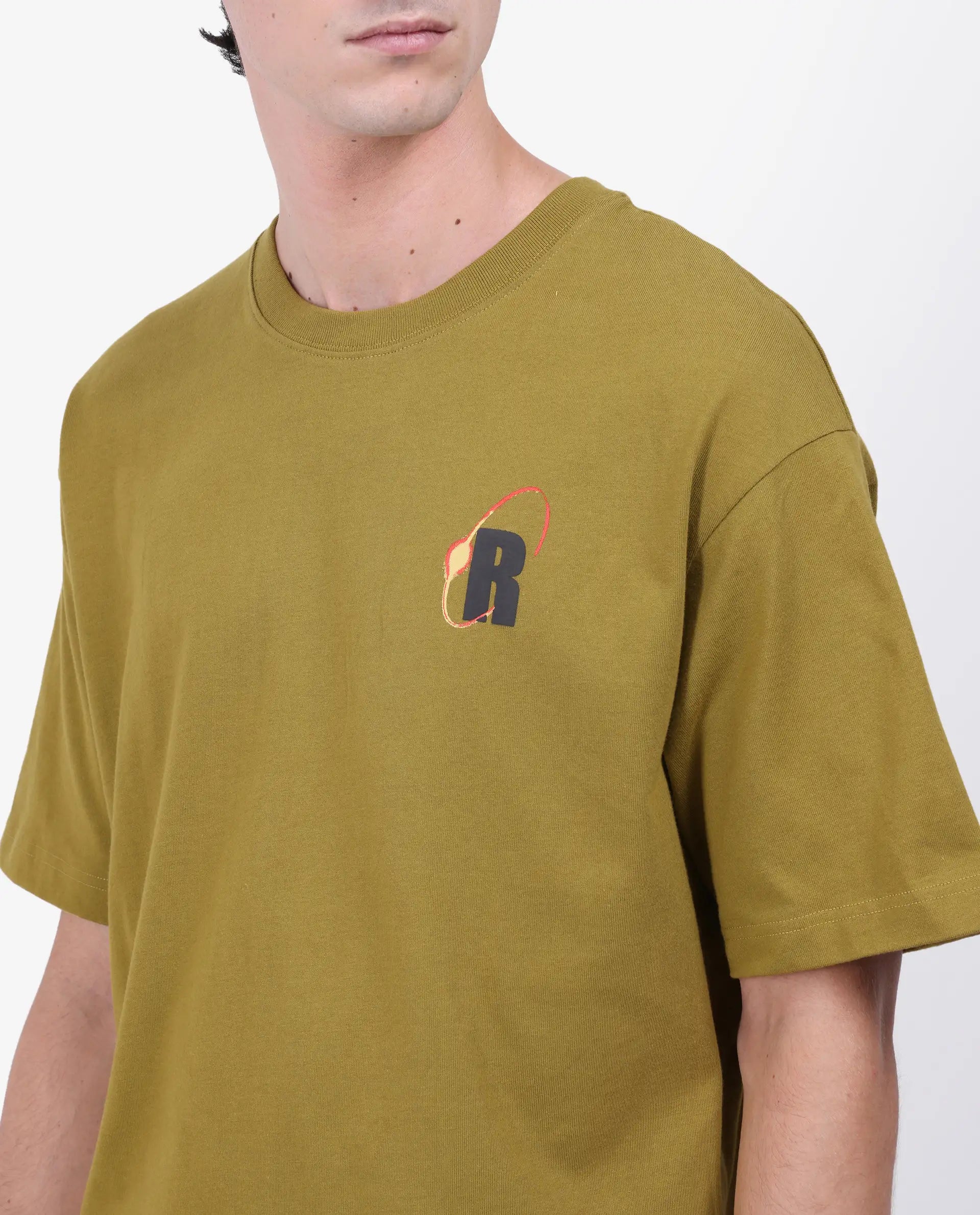 Rare Rabbit Men's Mosh Olive Cotton Graphic Back Print Oversized Fit Half Sleeve Crew Neck T-Shirt