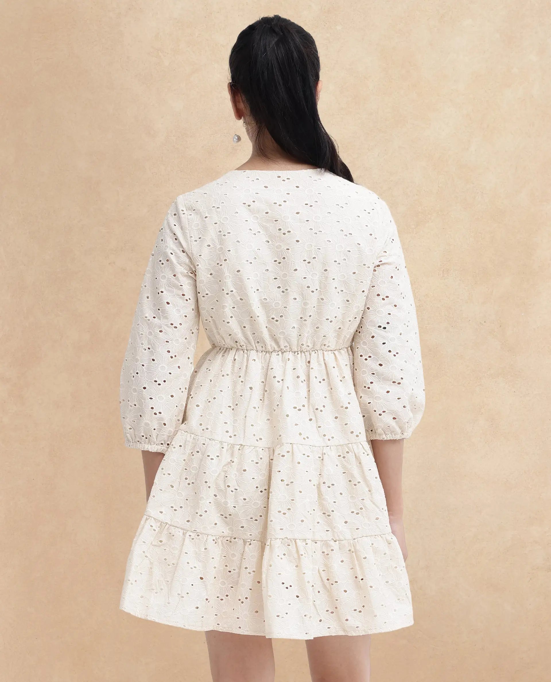 Rareism Women's Mosilo Off White V-Neck Zipper Closure Balloon Sleeve Plain Fit And Flare Knee Length Dress