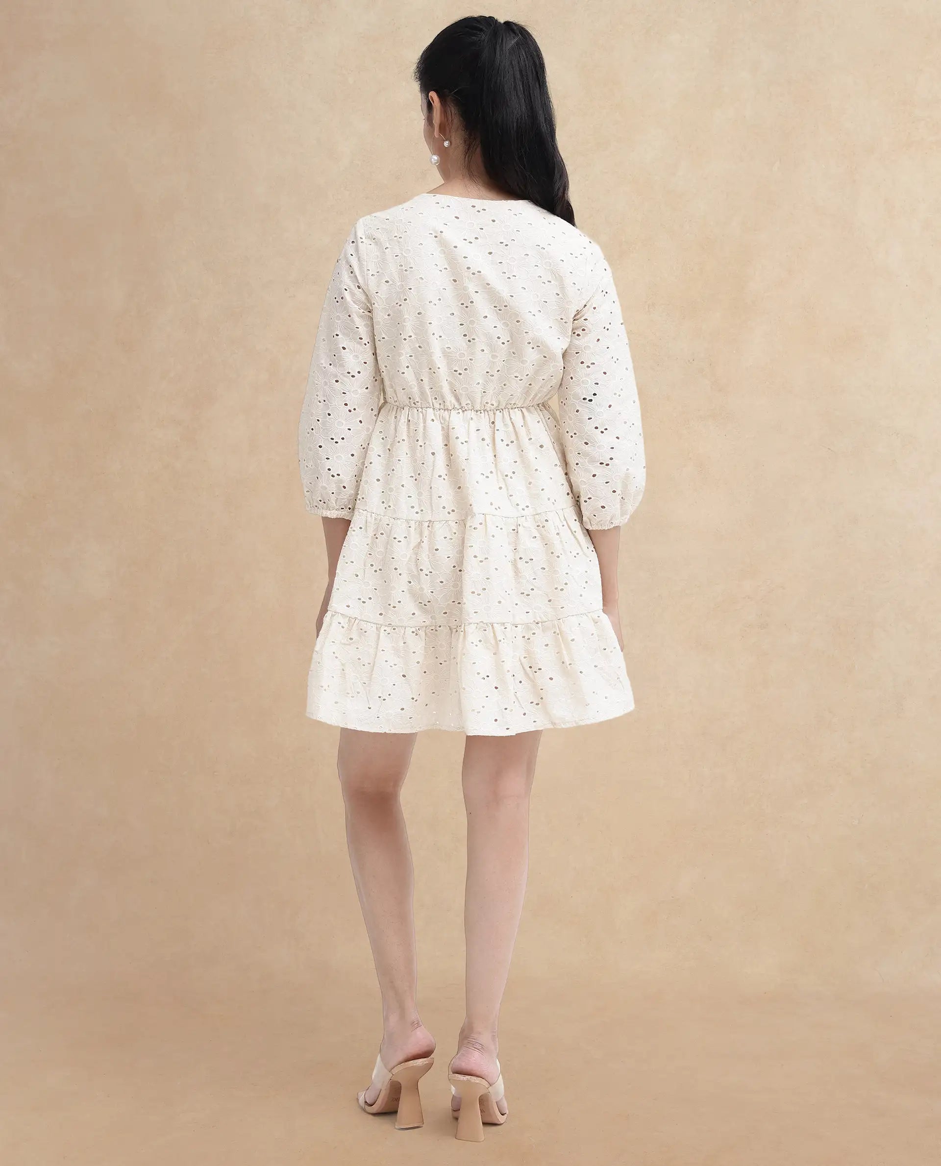 Rareism Women's Mosilo Off White V-Neck Zipper Closure Balloon Sleeve Plain Fit And Flare Knee Length Dress