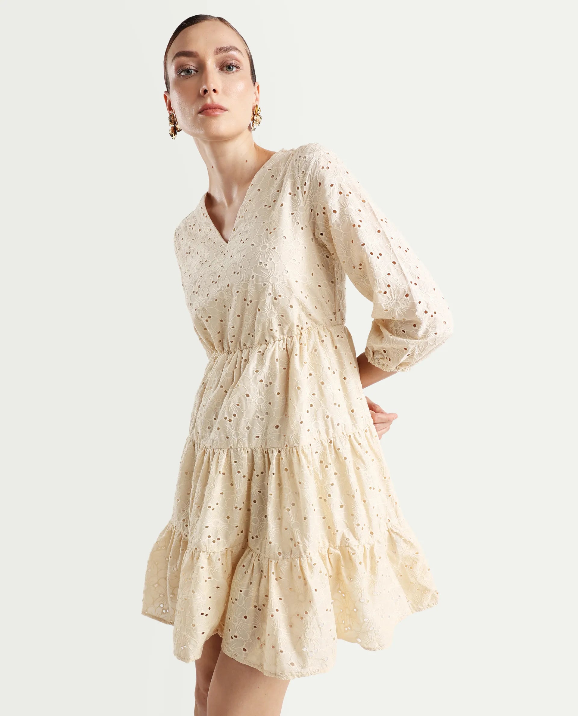 Rareism Women's Mosilo Off White Cotton V-Neck Plain Balloon Sleeve Knee Length Fit And Flare Dress