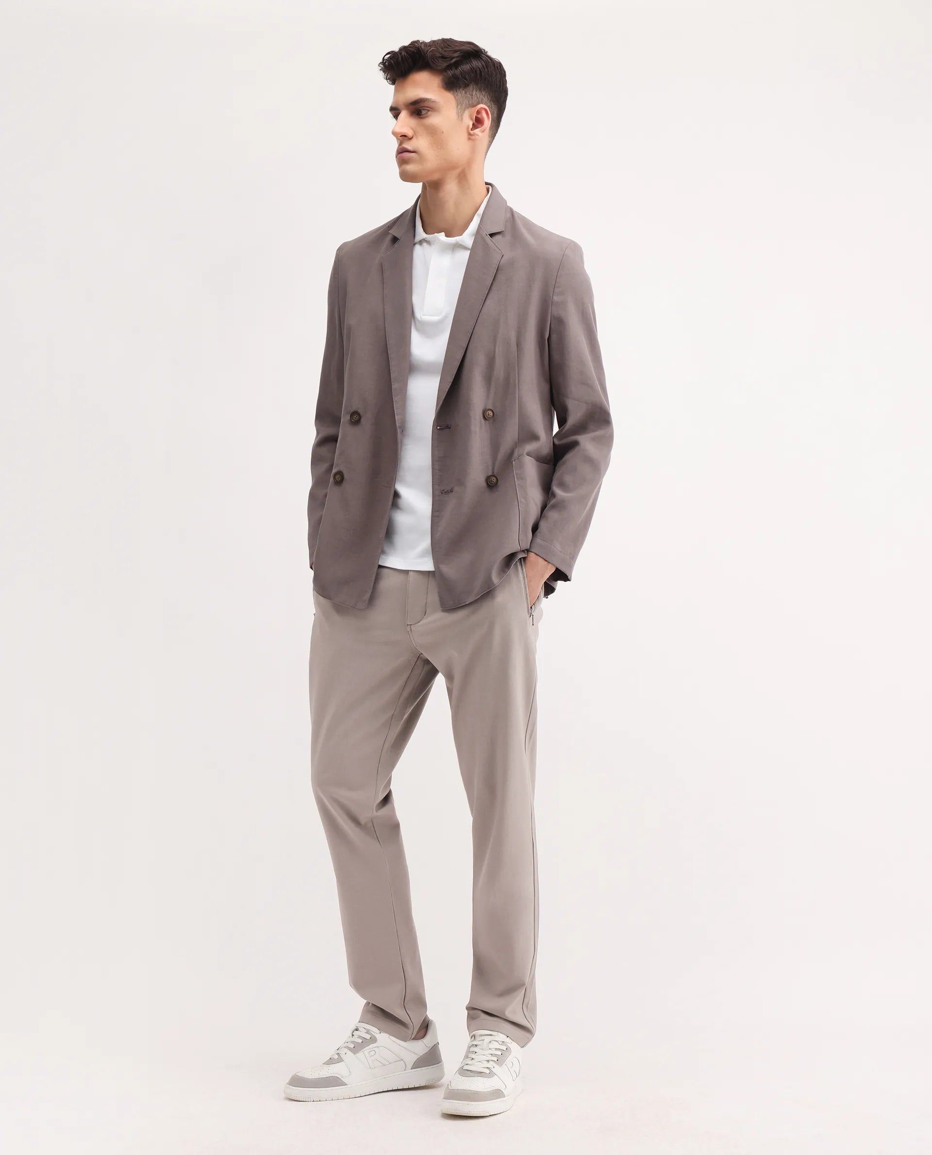 Rare Rabbit Men's Move-25 Beige Polyester Blend Plain Regular Fit Trouser