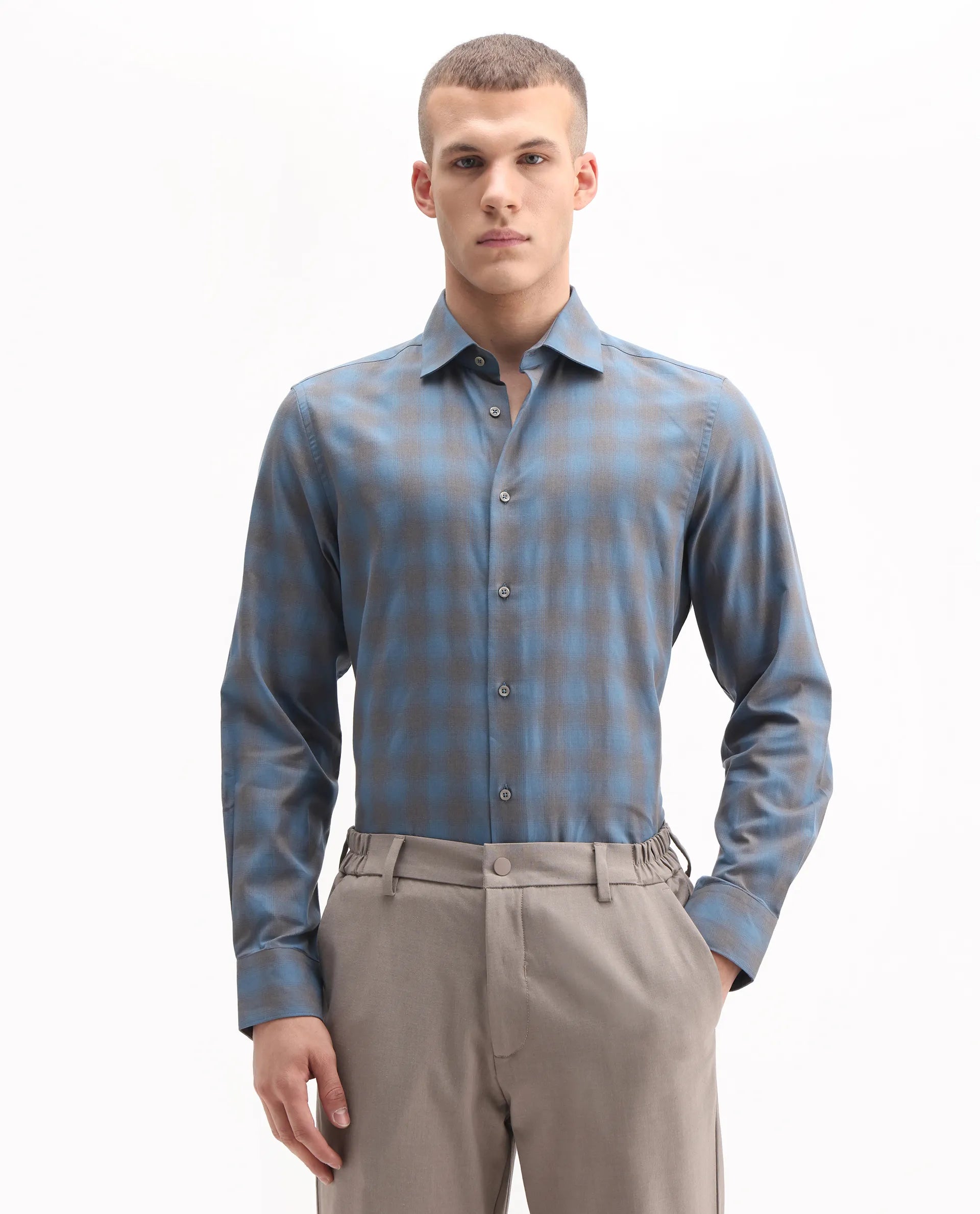Rare Rabbit Men's Movo Dusky Blue Cotton Blend Checked Print Regular Fit Full Sleeve Collared Shirt