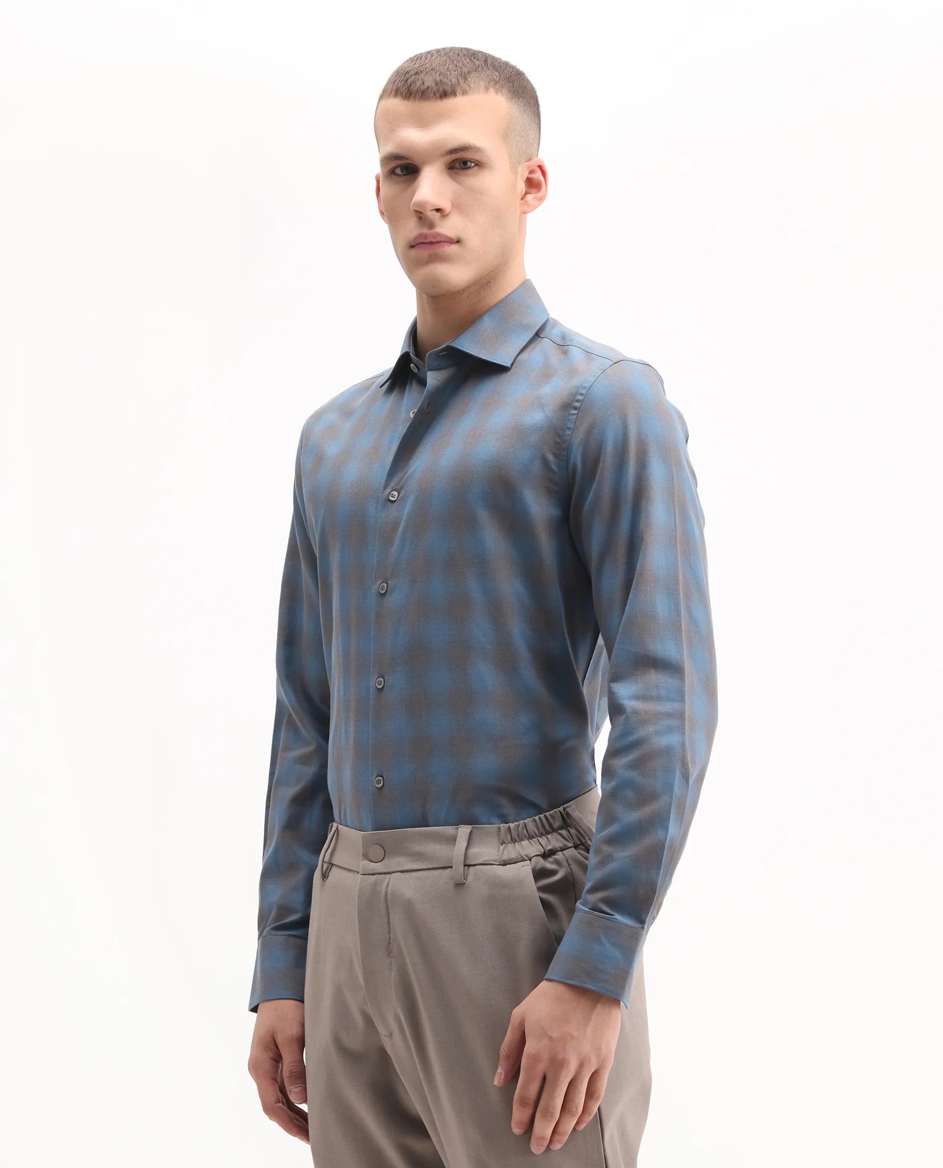 Rare Rabbit Men's Movo Dusky Blue Cotton Blend Checked Print Regular Fit Full Sleeve Collared Shirt