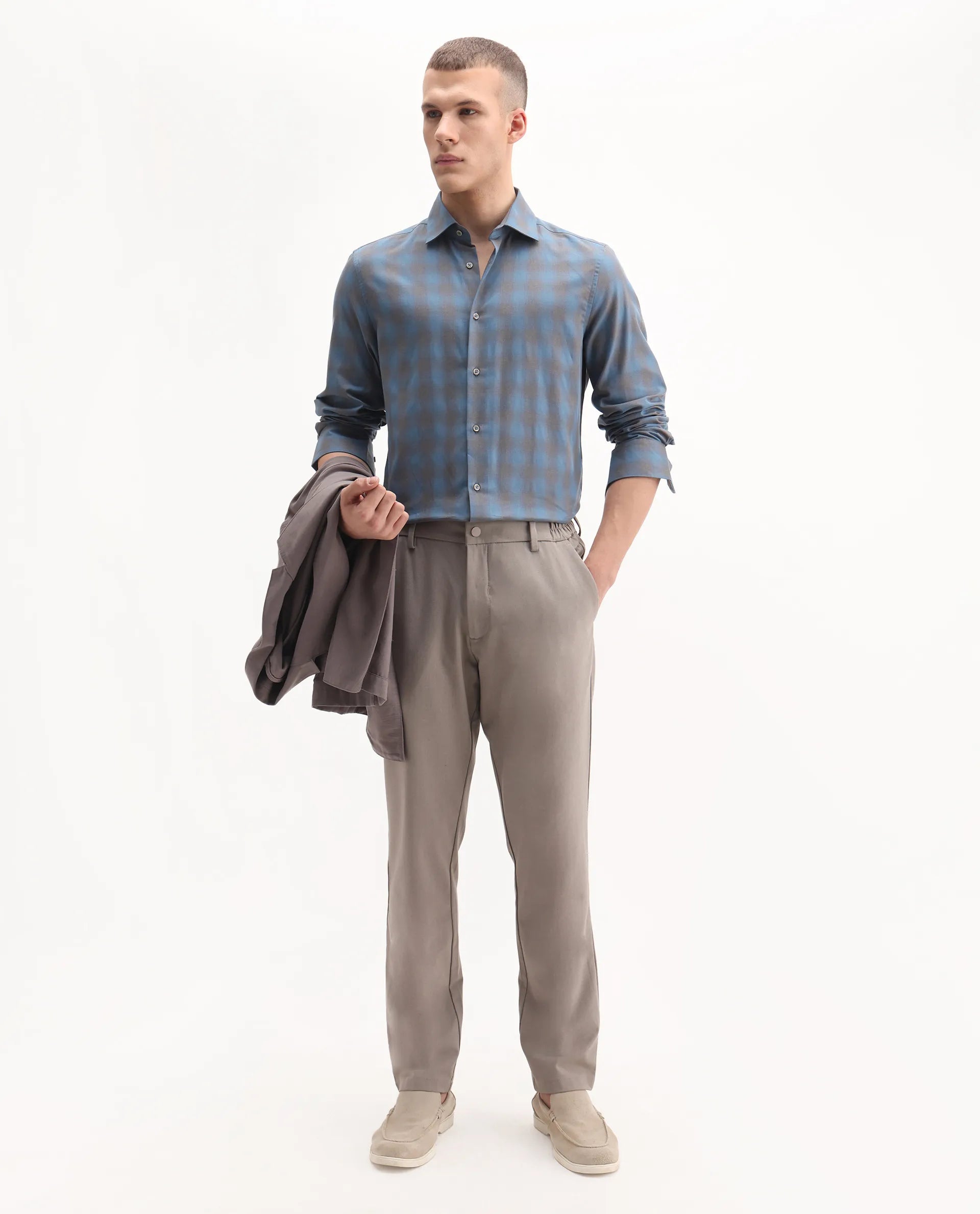 Rare Rabbit Men's Movo Dusky Blue Cotton Blend Checked Print Regular Fit Full Sleeve Collared Shirt