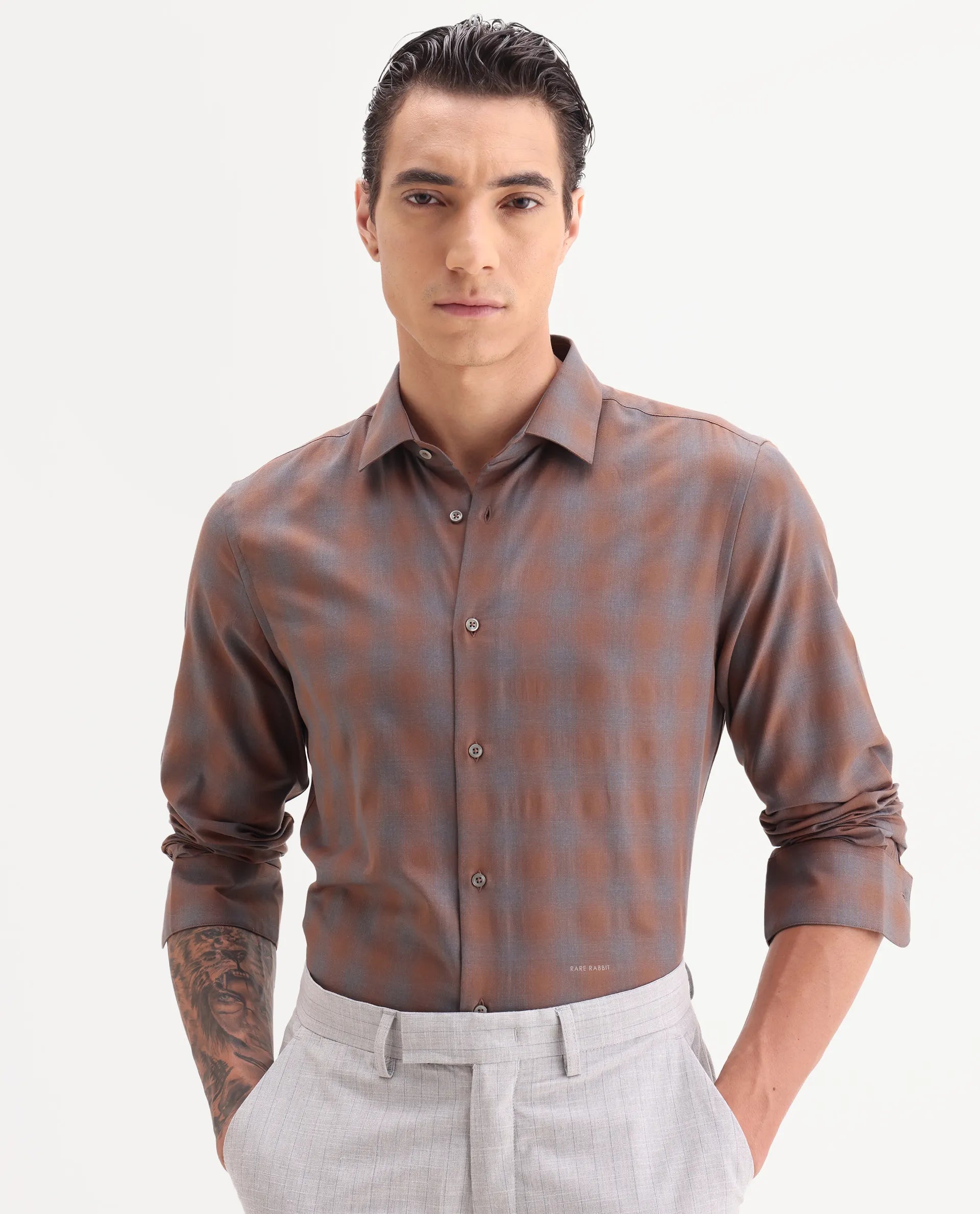 Rare Rabbit Men's Movo Dusky Rust Cotton Blend Checked Print Regular Fit Full Sleeve Collared Shirt