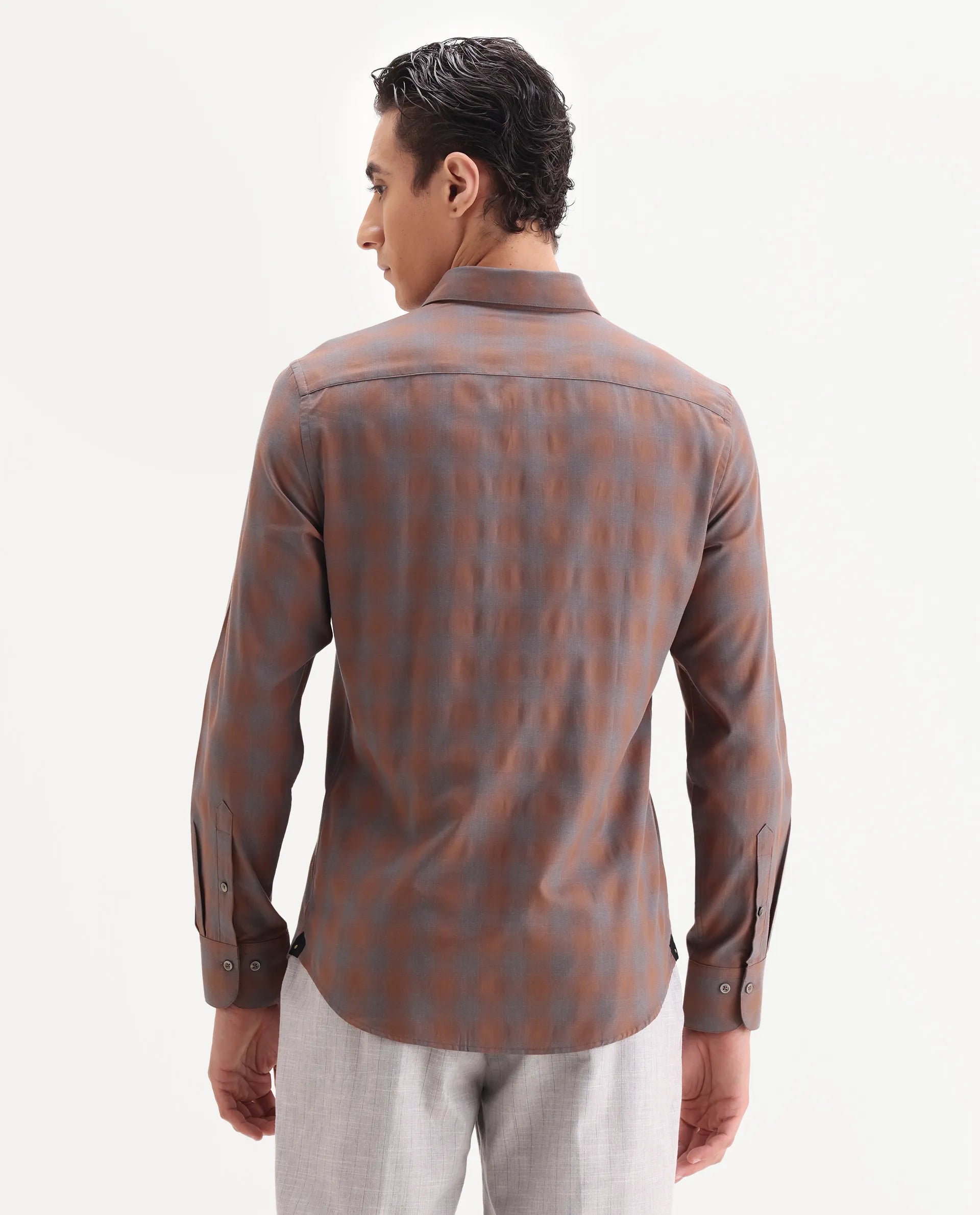 Rare Rabbit Men's Movo Dusky Rust Cotton Blend Checked Print Regular Fit Full Sleeve Collared Shirt