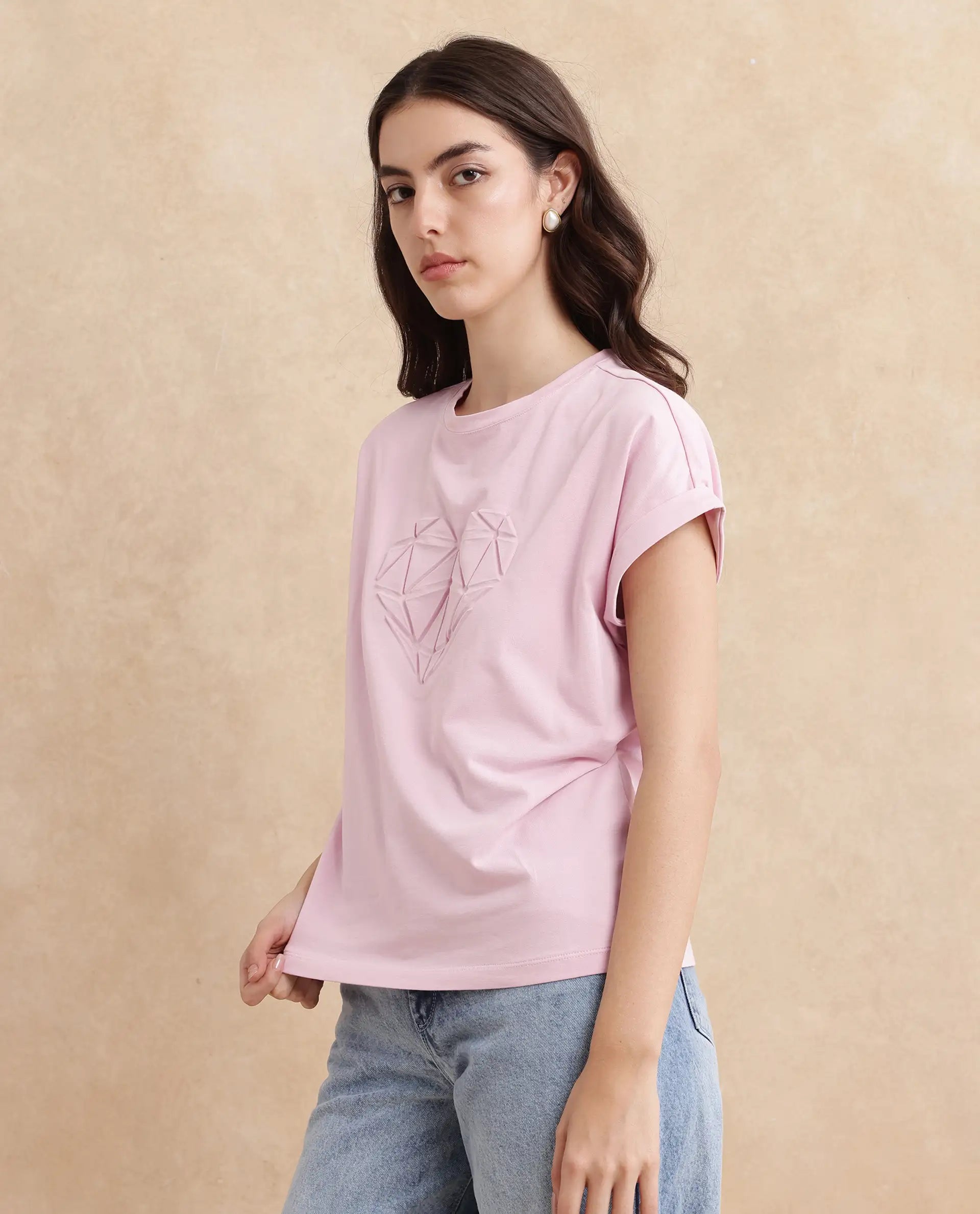 Rareism Women Moxie Light Pink Cotton Blend Fabric Extended Sleeves Crew Neck Relaxed Fit Graphic Print T-Shirt