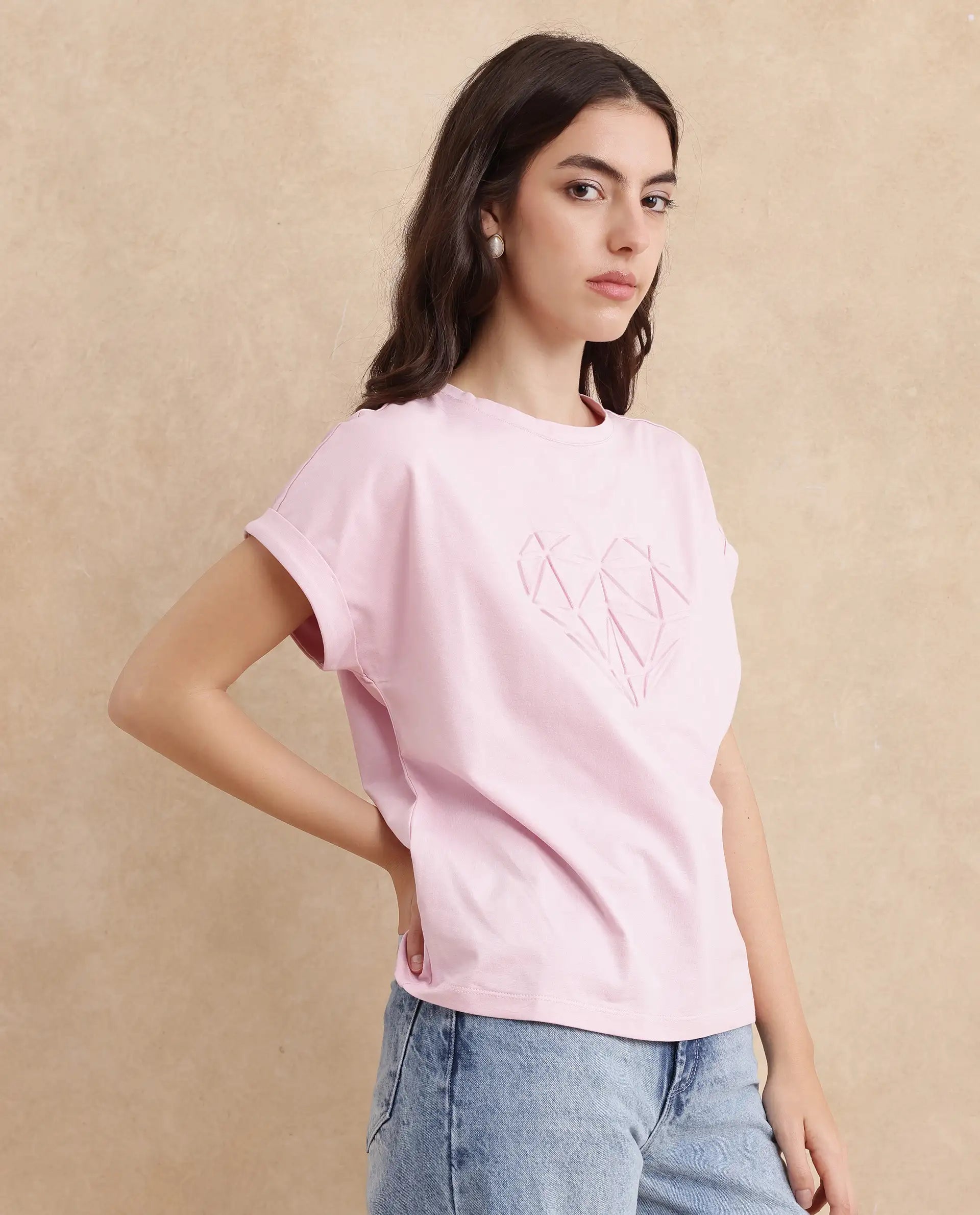 Rareism Women Moxie Light Pink Cotton Blend Fabric Extended Sleeves Crew Neck Relaxed Fit Graphic Print T-Shirt