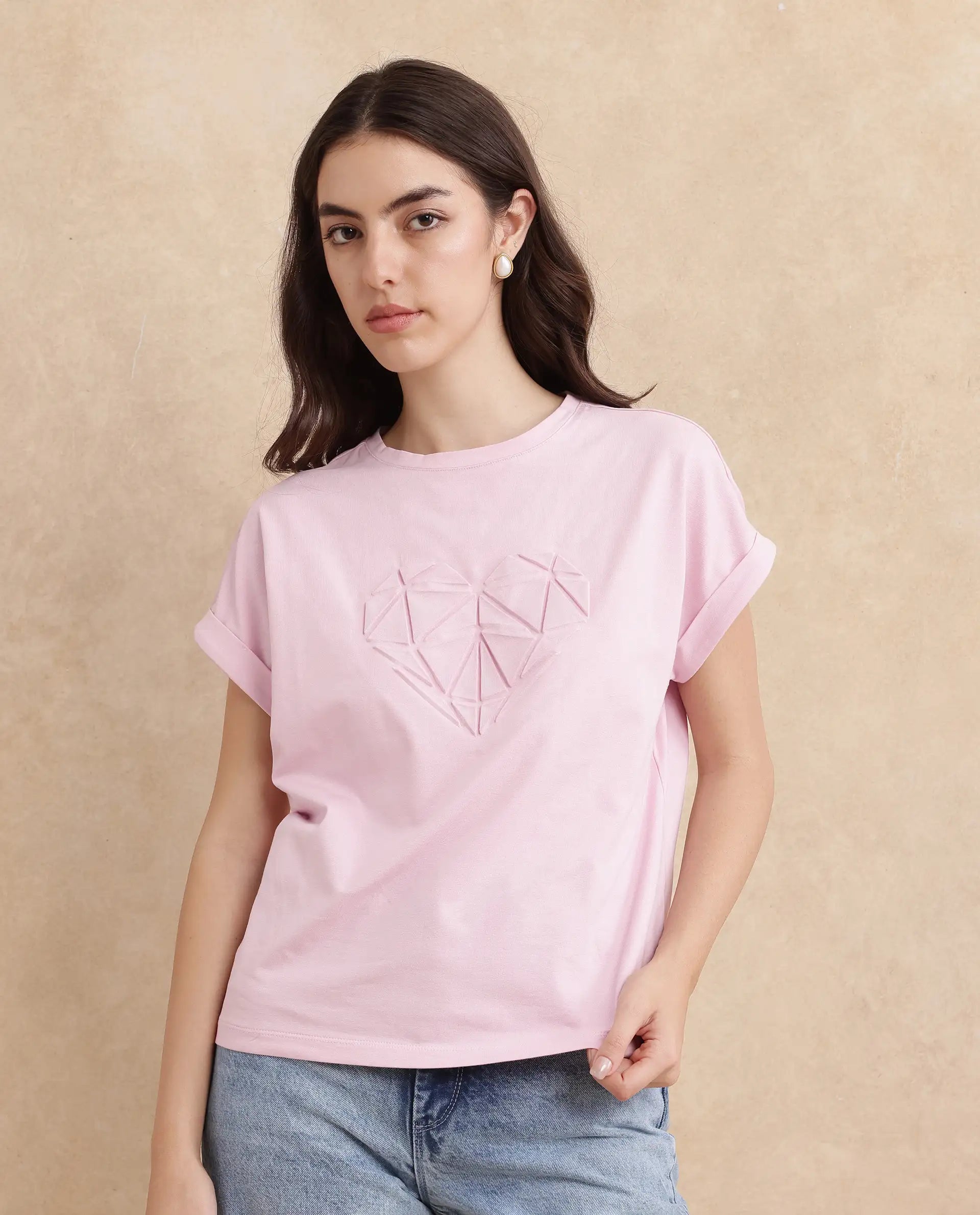 Rareism Women Moxie Light Pink Cotton Blend Fabric Extended Sleeves Crew Neck Relaxed Fit Graphic Print T-Shirt