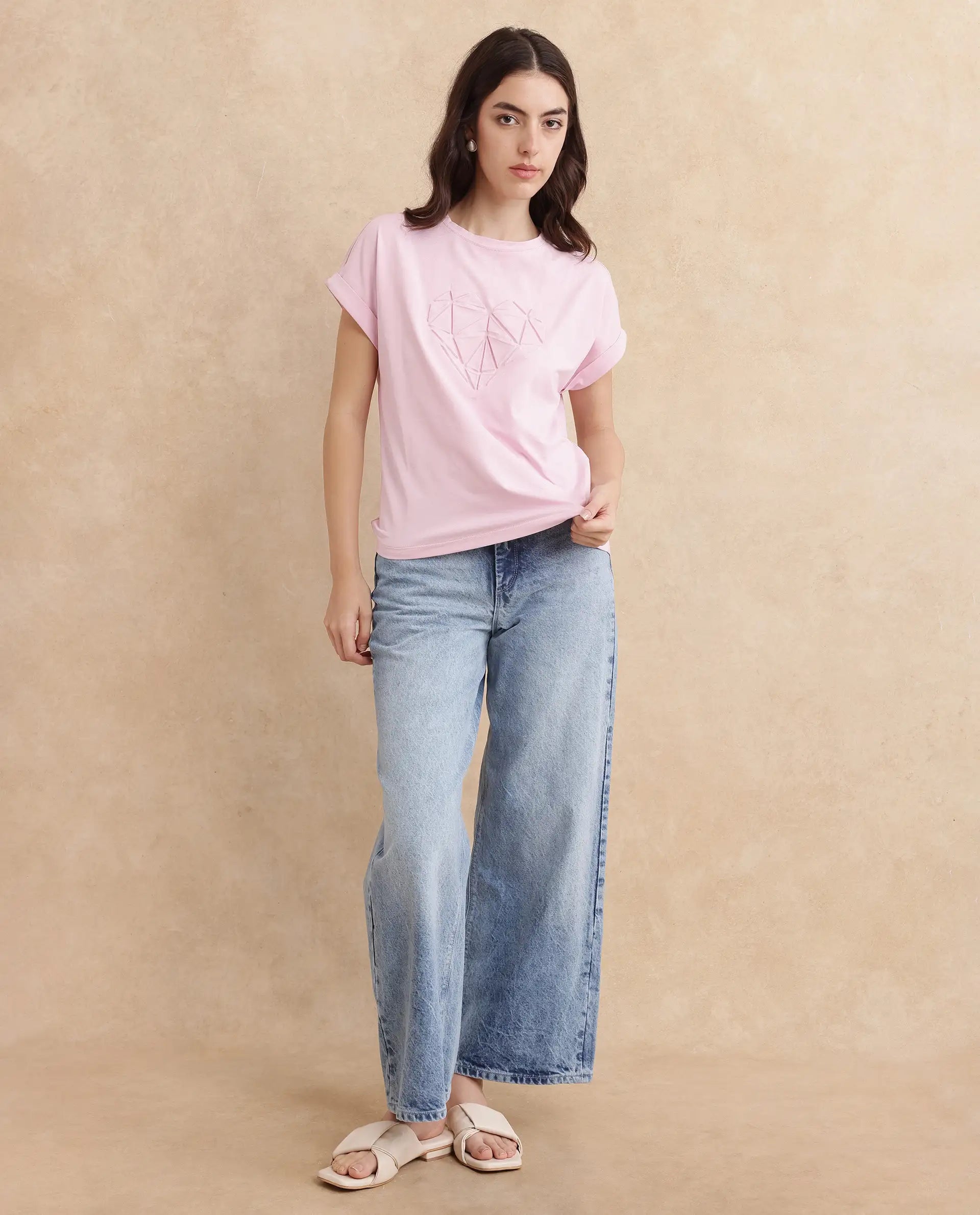 Rareism Women Moxie Light Pink Cotton Blend Fabric Extended Sleeves Crew Neck Relaxed Fit Graphic Print T-Shirt