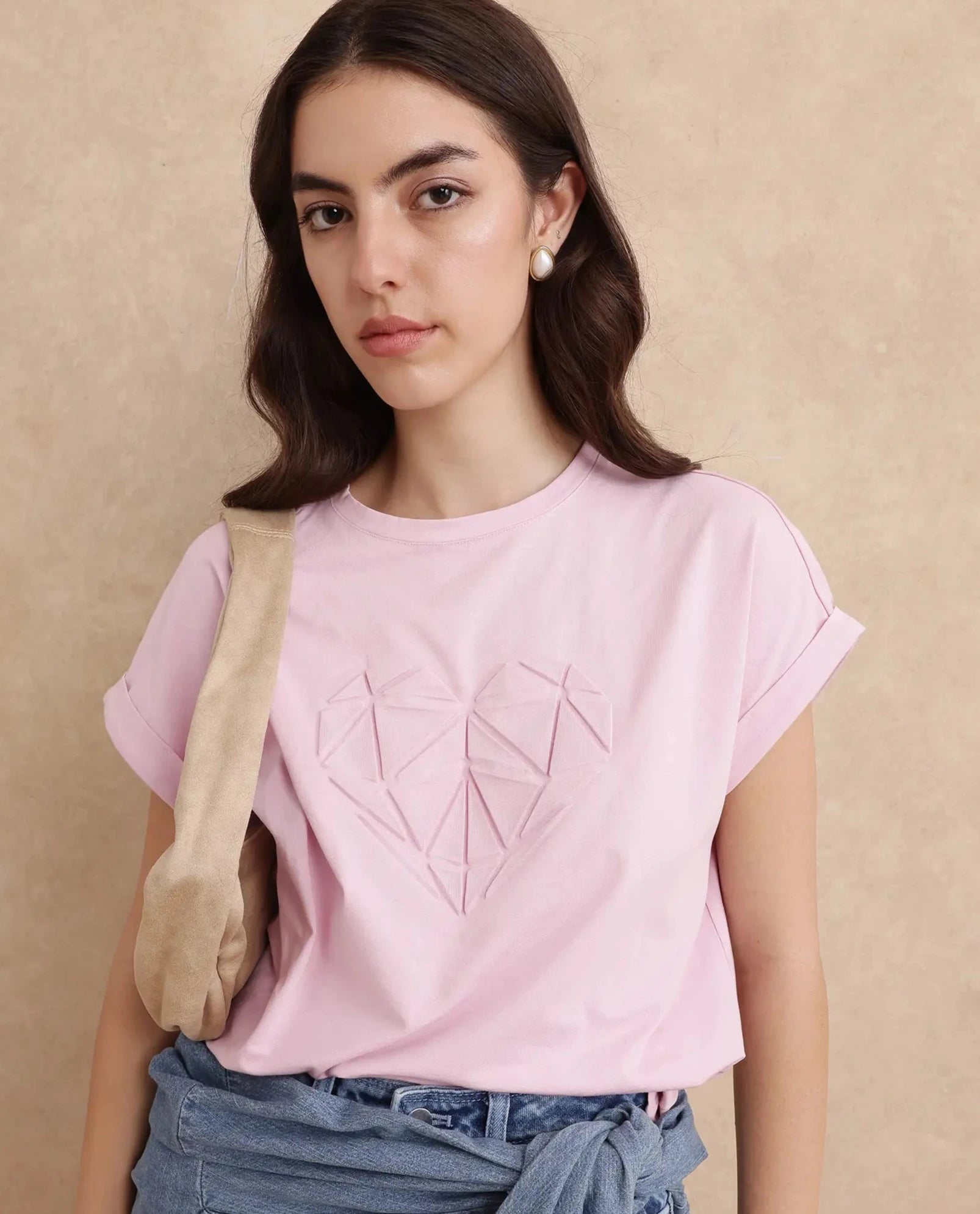 Rareism Women Moxie Light Pink Cotton Blend Fabric Extended Sleeves Crew Neck Relaxed Fit Graphic Print T-Shirt