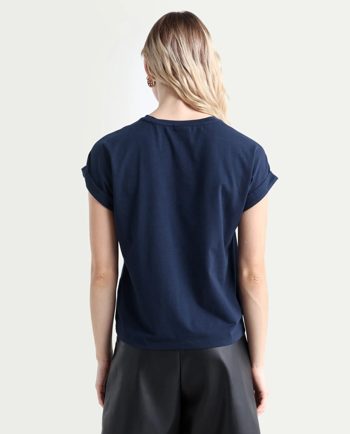 Rareism Women's Moxie Navy Cotton Blend Crew Neck Graphic Print Extended Sleeves Relaxed Fit T-Shirt