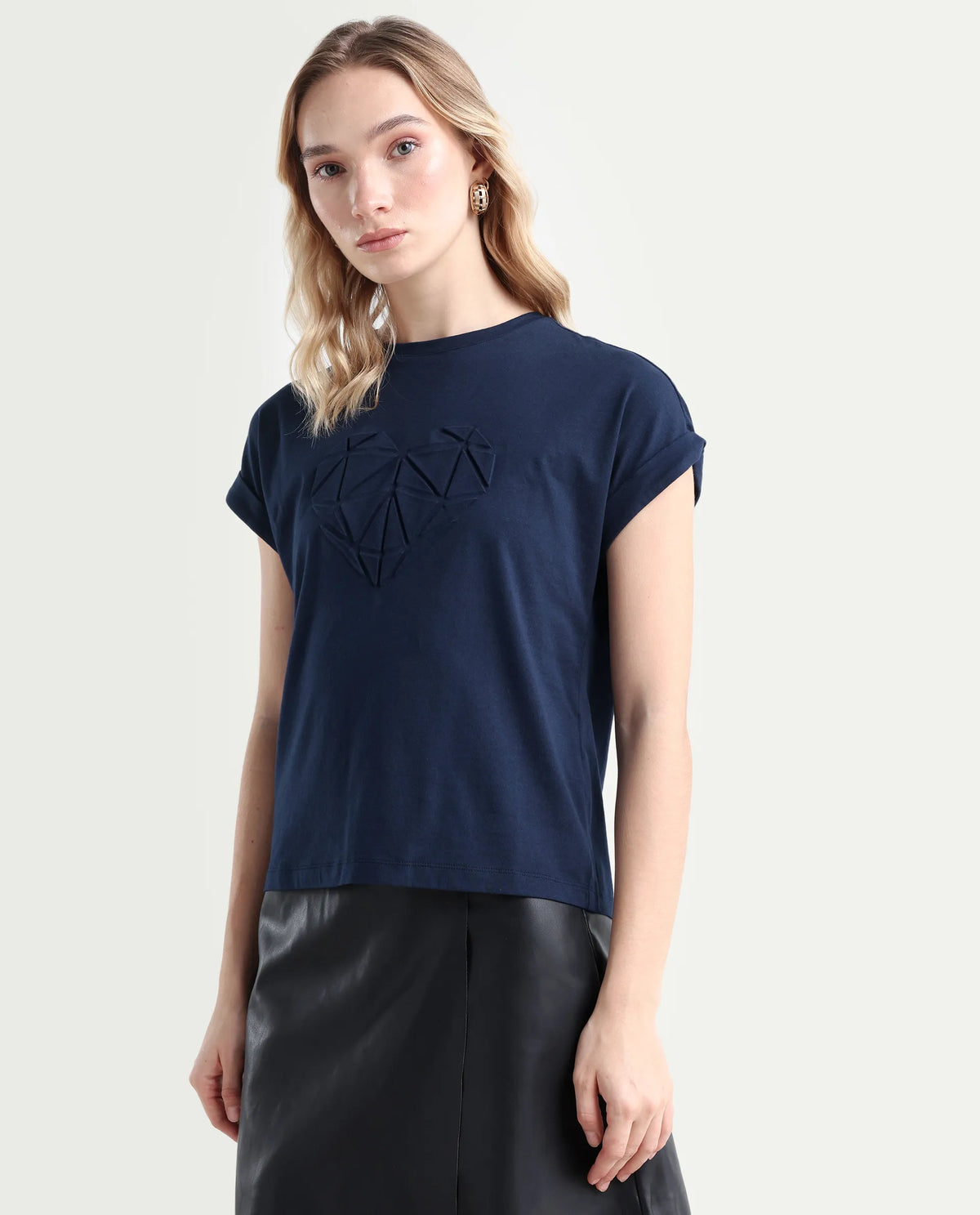 Rareism Women's Moxie Navy Cotton Blend Crew Neck Graphic Print Extended Sleeves Relaxed Fit T-Shirt