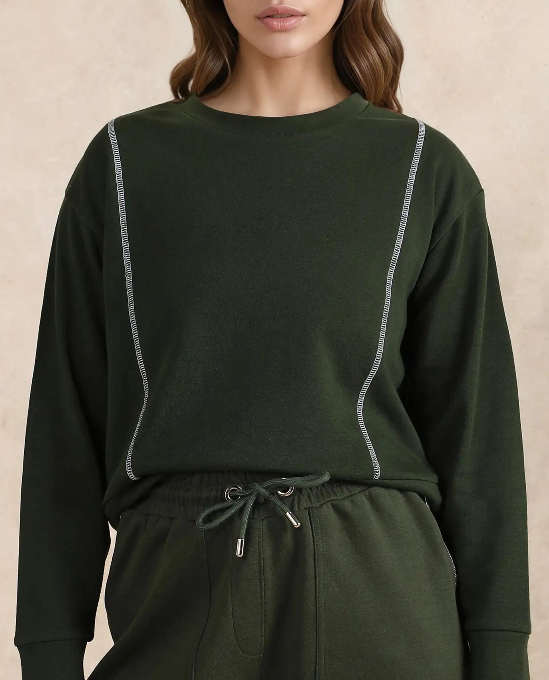 Rareism Women Moye Olive Cotton Blend Fabric Full Sleeve Crew Neck Relaxed Fit Plain Sweatshirt