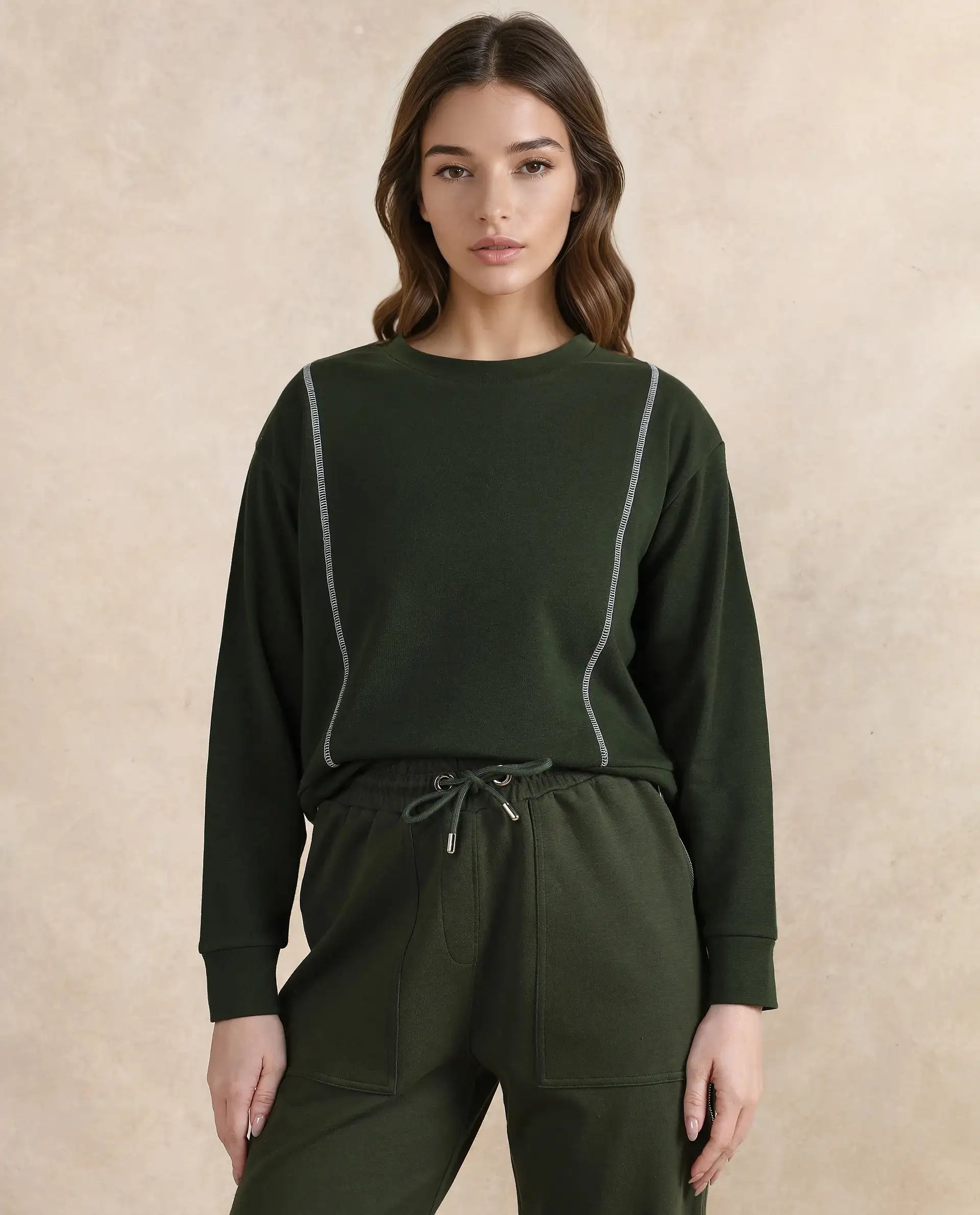 Rareism Women Moye Olive Cotton Blend Fabric Full Sleeve Crew Neck Relaxed Fit Plain Sweatshirt