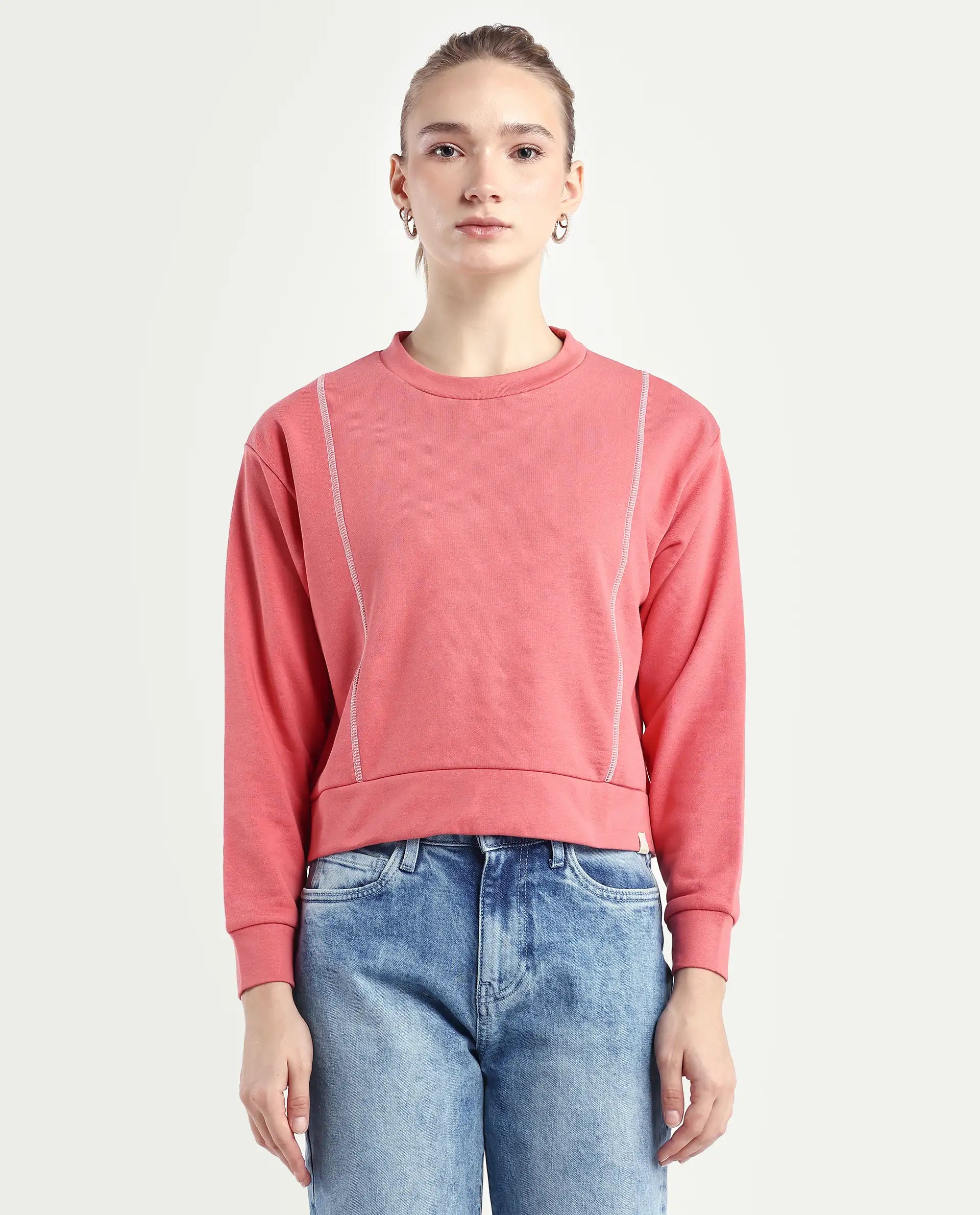 Rareism Women's Moye Pastel Red Cotton Blend Crew Neck Plain Relaxed Fit Sweatshirt
