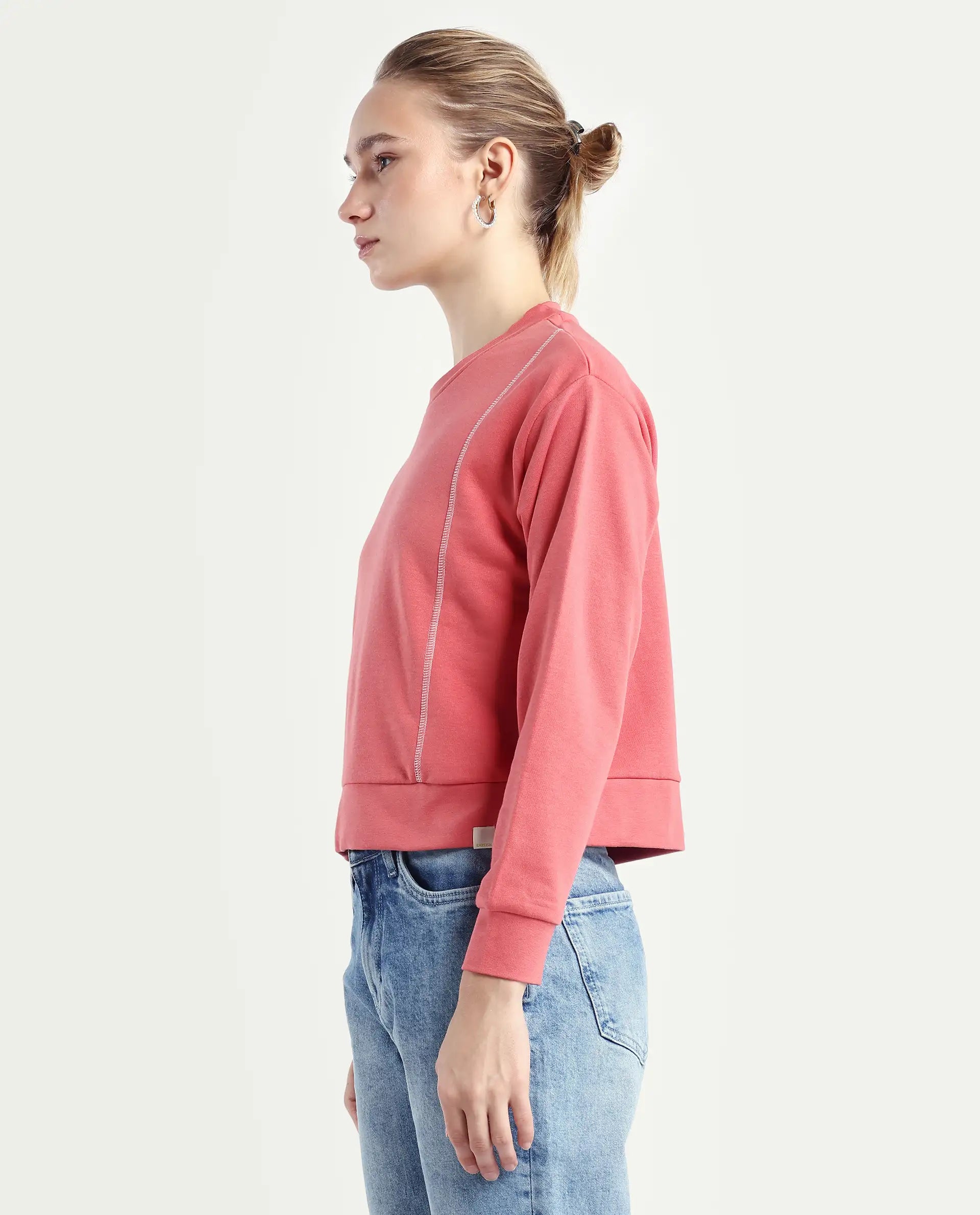 Rareism Women's Moye Pastel Red Cotton Blend Crew Neck Plain Relaxed Fit Sweatshirt