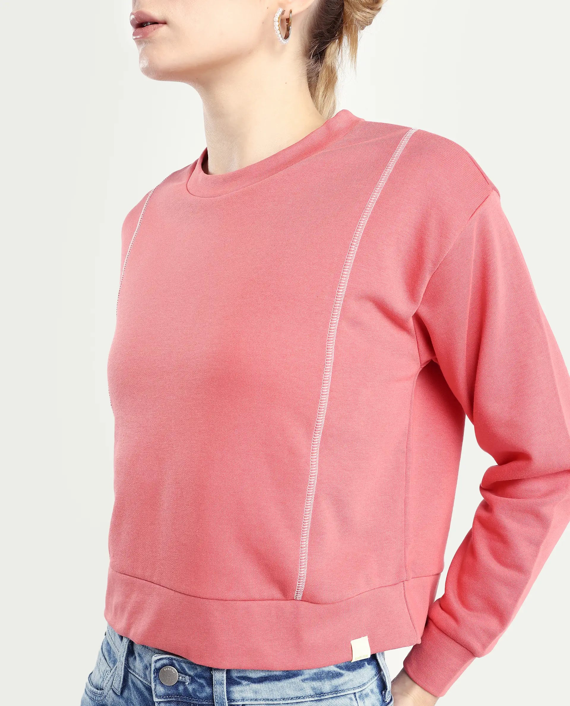 Rareism Women's Moye Pastel Red Cotton Blend Crew Neck Plain Relaxed Fit Sweatshirt