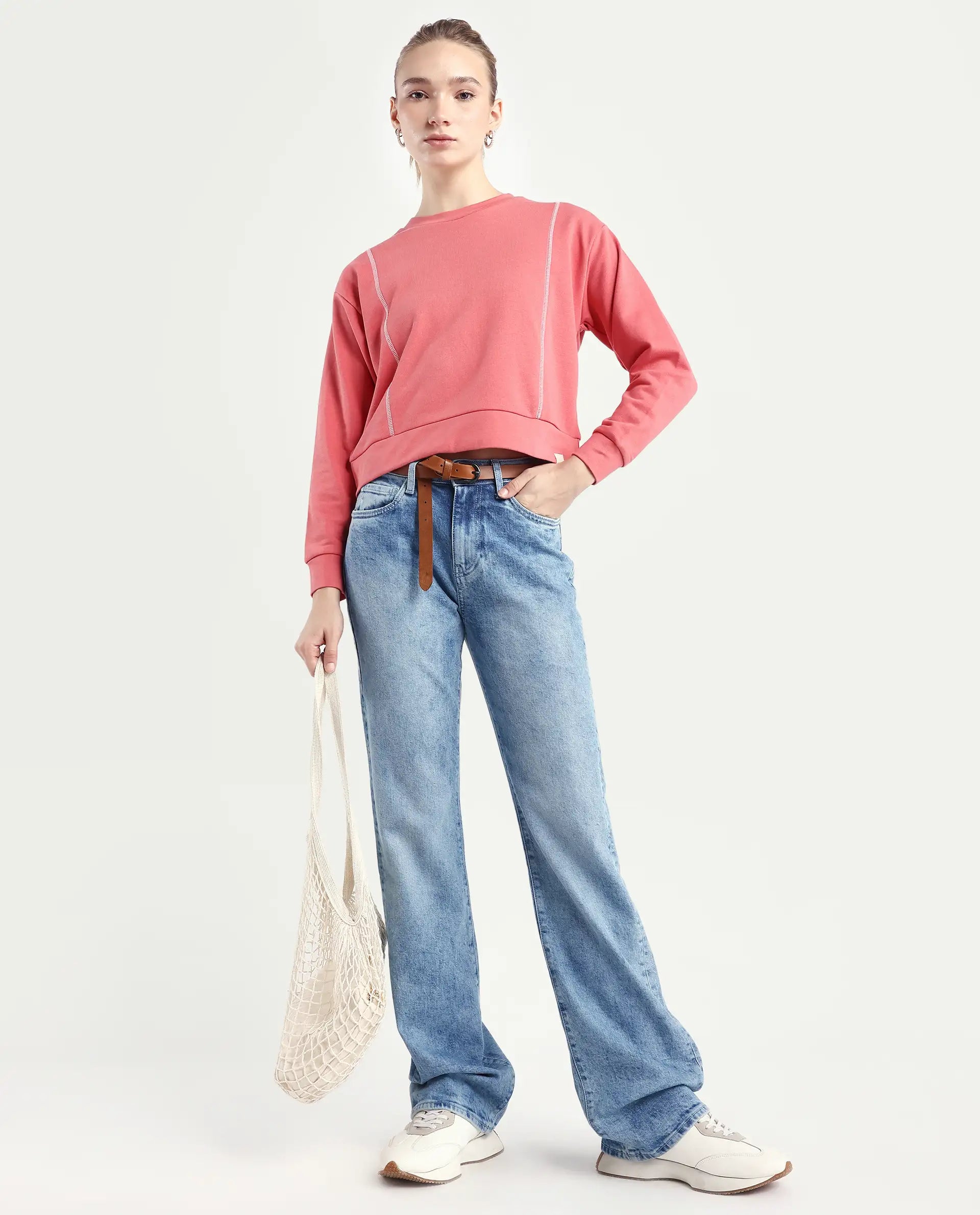 Rareism Women's Moye Pastel Red Cotton Blend Crew Neck Plain Relaxed Fit Sweatshirt