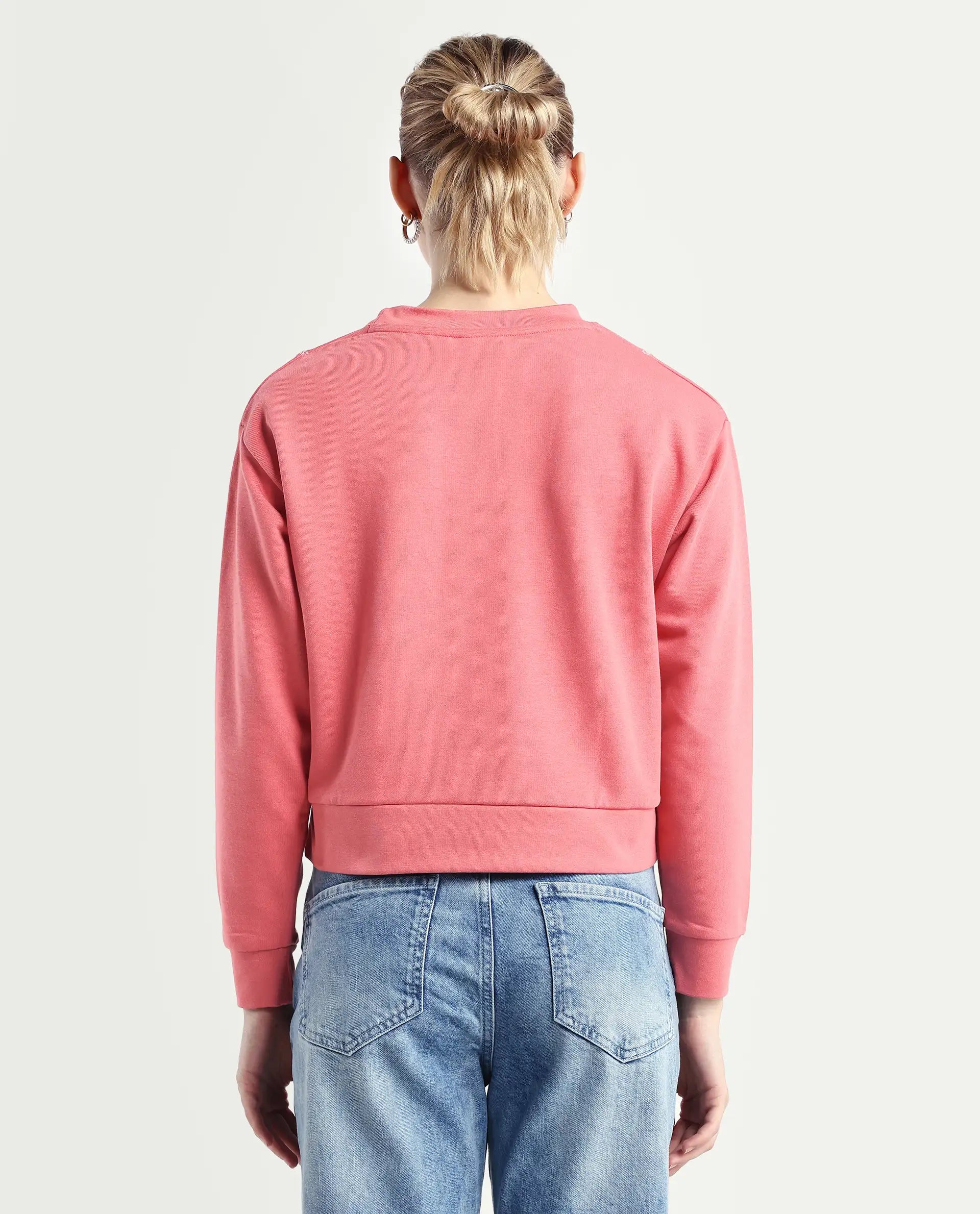 Rareism Women's Moye Pastel Red Cotton Blend Crew Neck Plain Relaxed Fit Sweatshirt