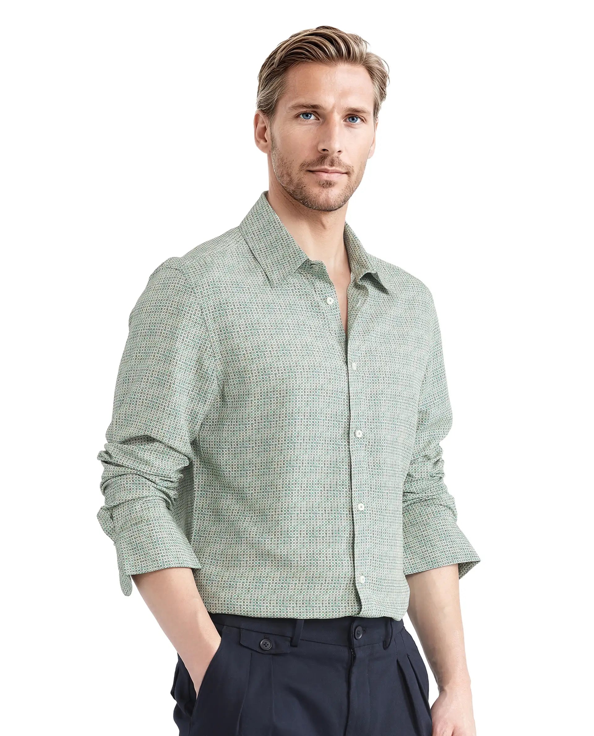 Rare Rabbit Men Msey Green Viscose Fabric Full Sleeves Collared Neck Button Closure Relaxed Fit Geometric Print Shirt