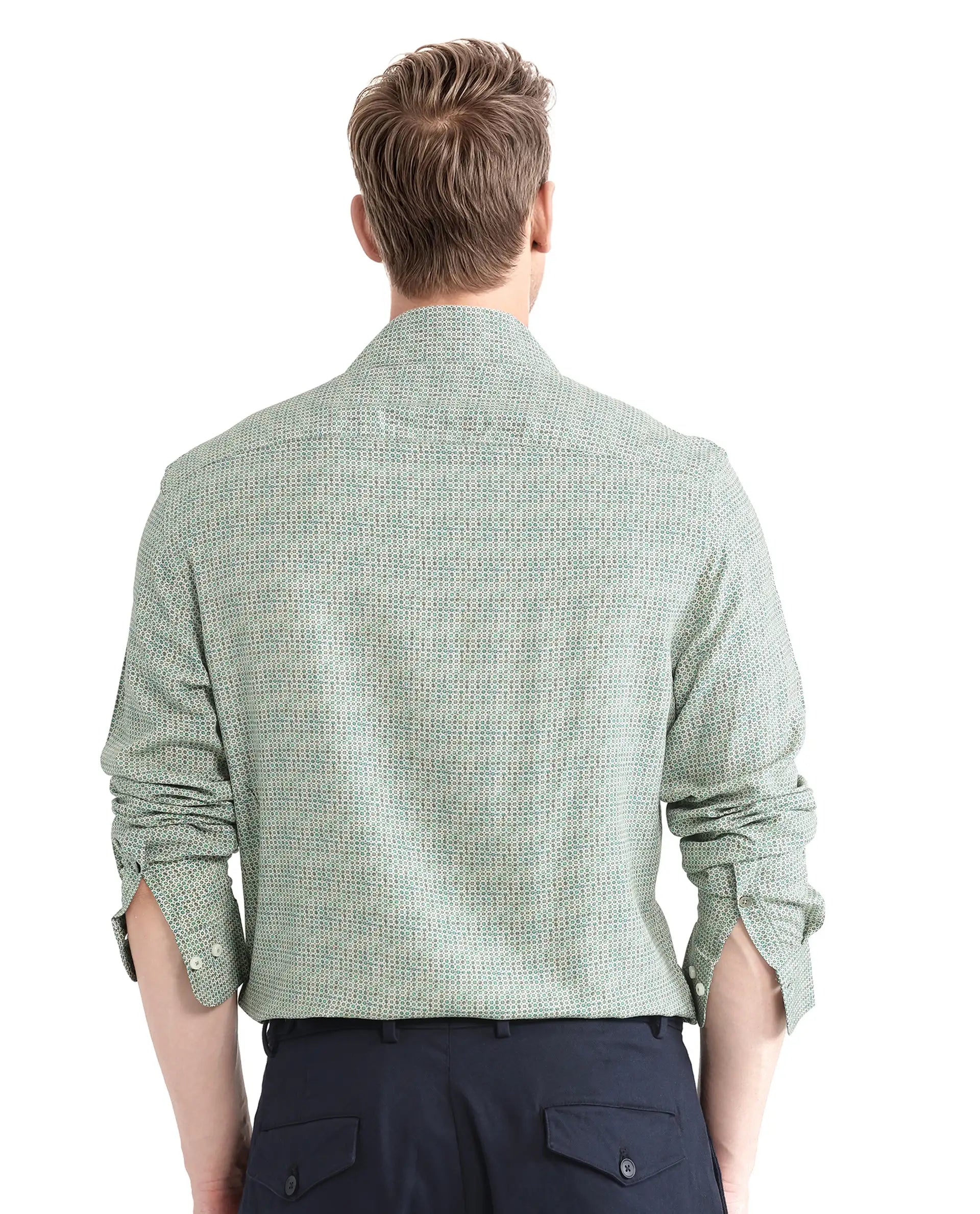 Rare Rabbit Men Msey Green Viscose Fabric Full Sleeves Collared Neck Button Closure Relaxed Fit Geometric Print Shirt