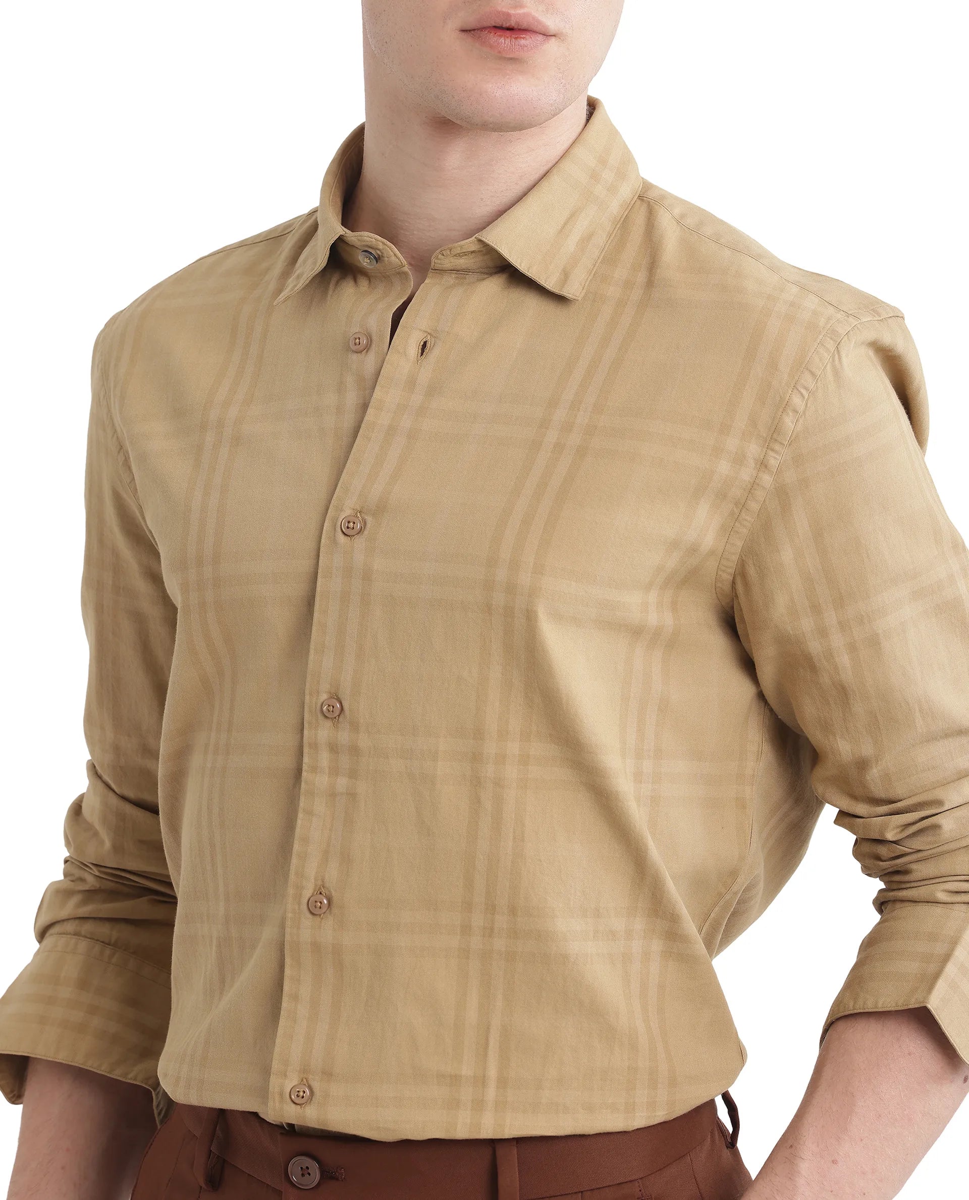 Rare Rabbit Men Mucia Beige Cotton Fabric Regular Collar Full Sleeve Regular Fit Plaid Check Shirt