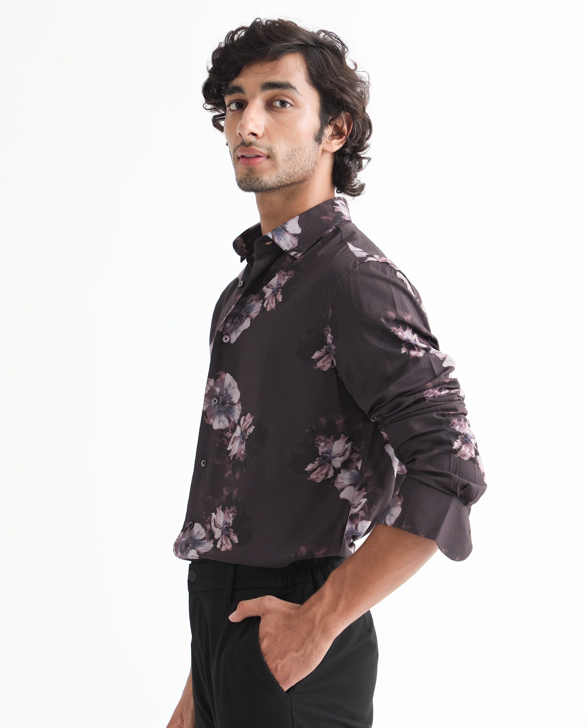 Rare Rabbit Men's Muds Brown Viscose Fabric Floral Print Full Sleeves Shirt