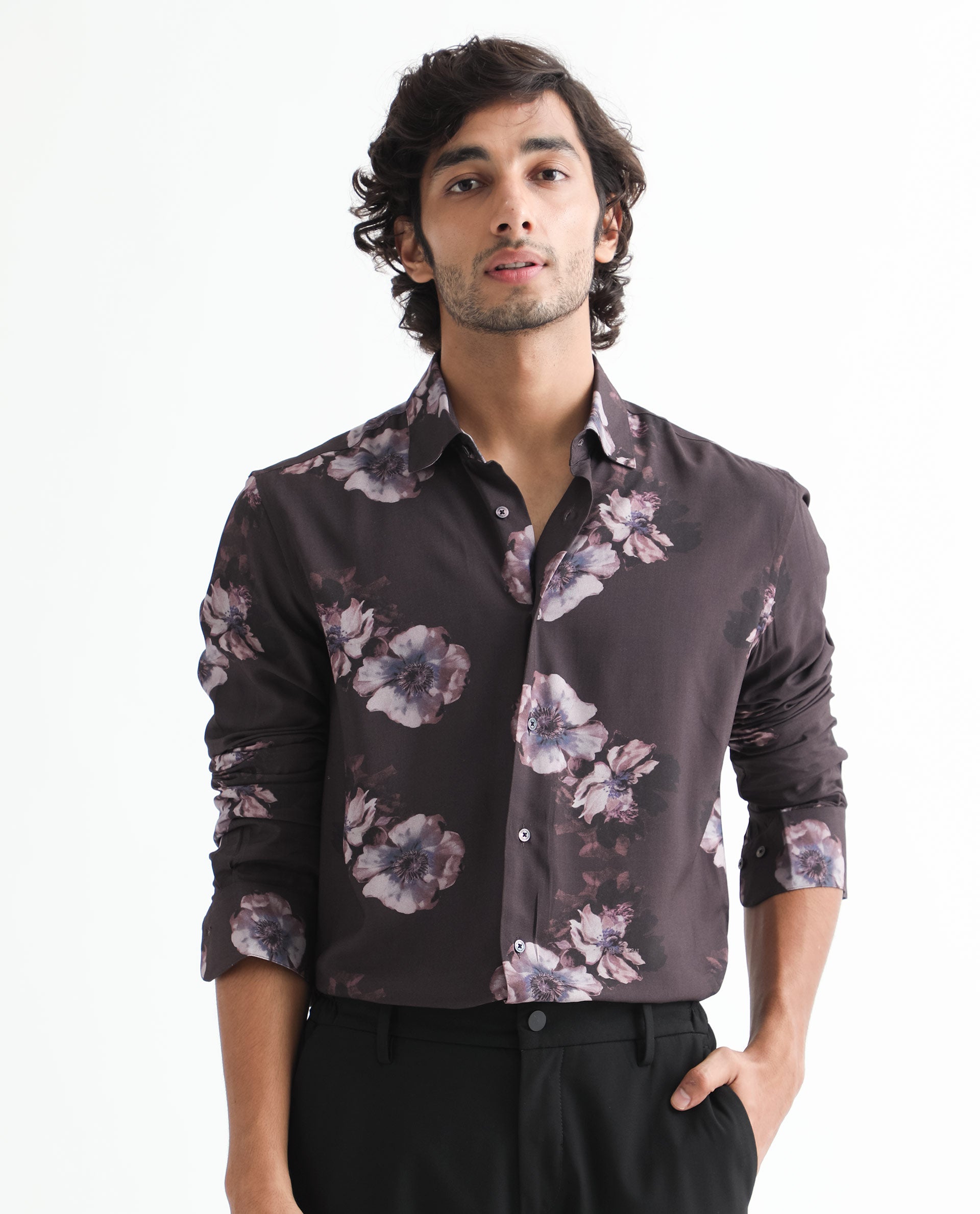 Rare Rabbit Men's Muds Brown Viscose Fabric Floral Print Full Sleeves Shirt