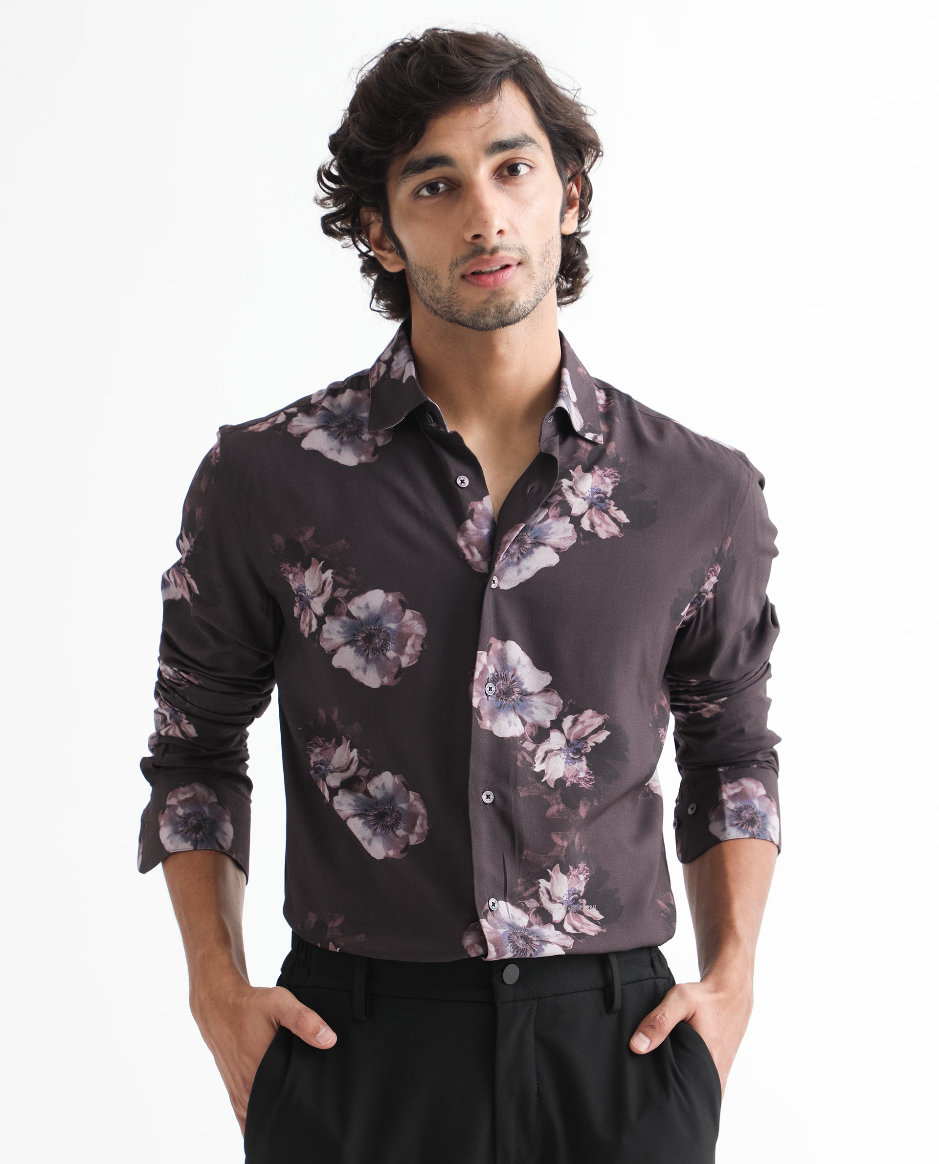 Rare Rabbit Men's Muds Brown Viscose Fabric Floral Print Full Sleeves Shirt