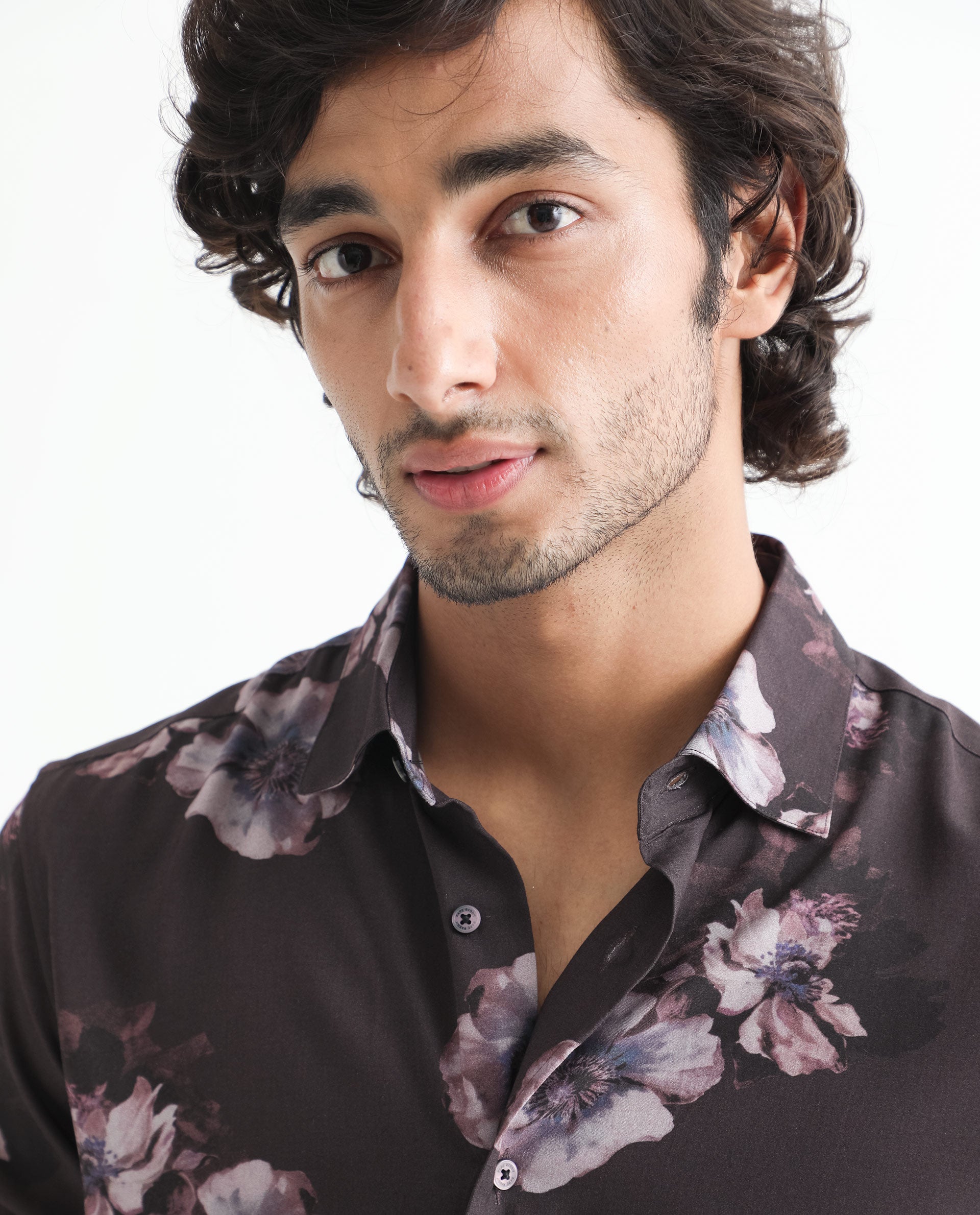 Rare Rabbit Men's Muds Brown Viscose Fabric Floral Print Full Sleeves Shirt