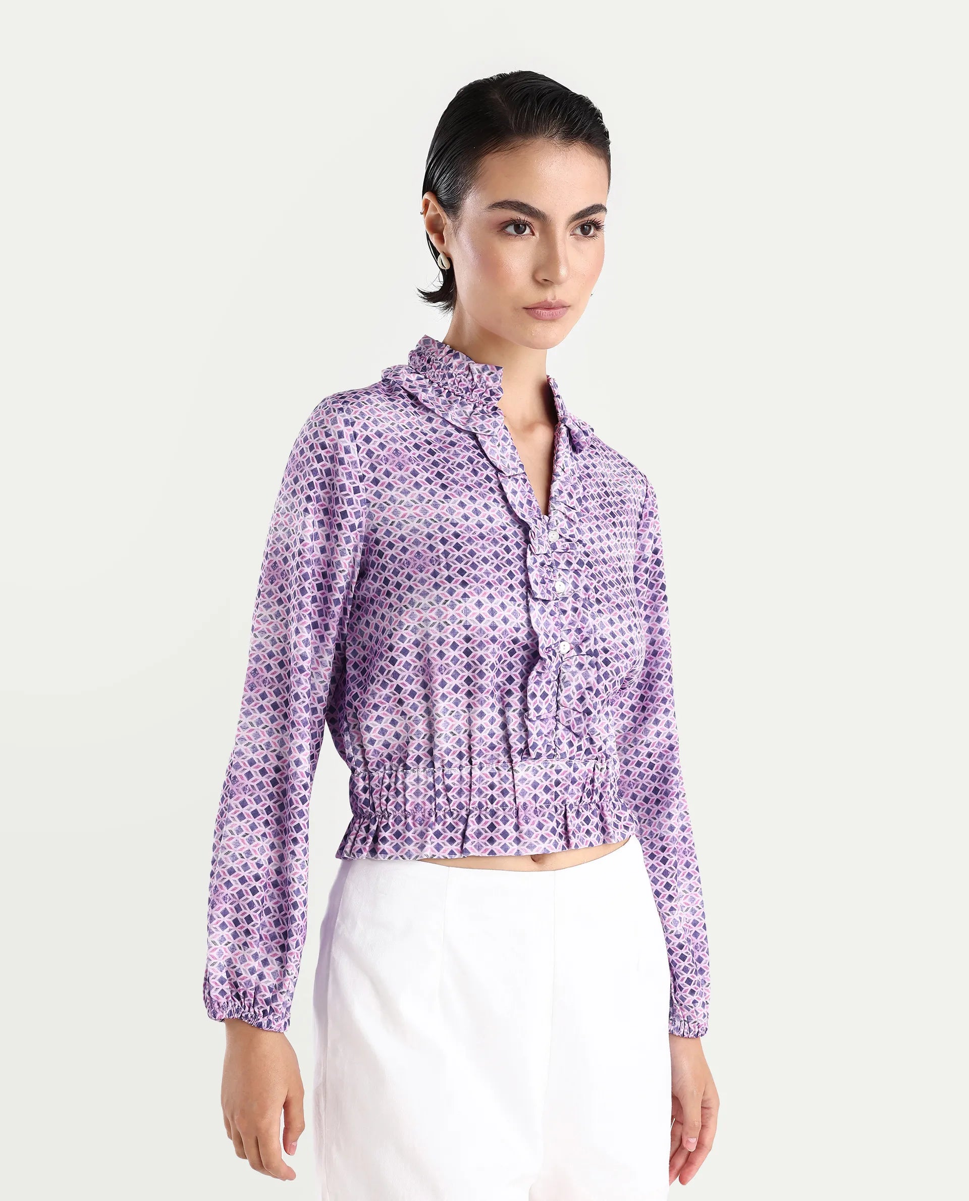 Rareism Women's Mugal Multi Polyester Blend V-Neck Geometric Print Balloon Sleeve Crop Regular Fit Top