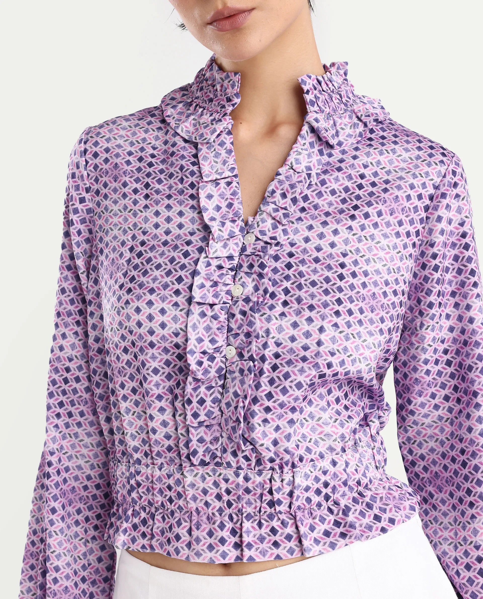 Rareism Women's Mugal Multi Polyester Blend V-Neck Geometric Print Balloon Sleeve Crop Regular Fit Top