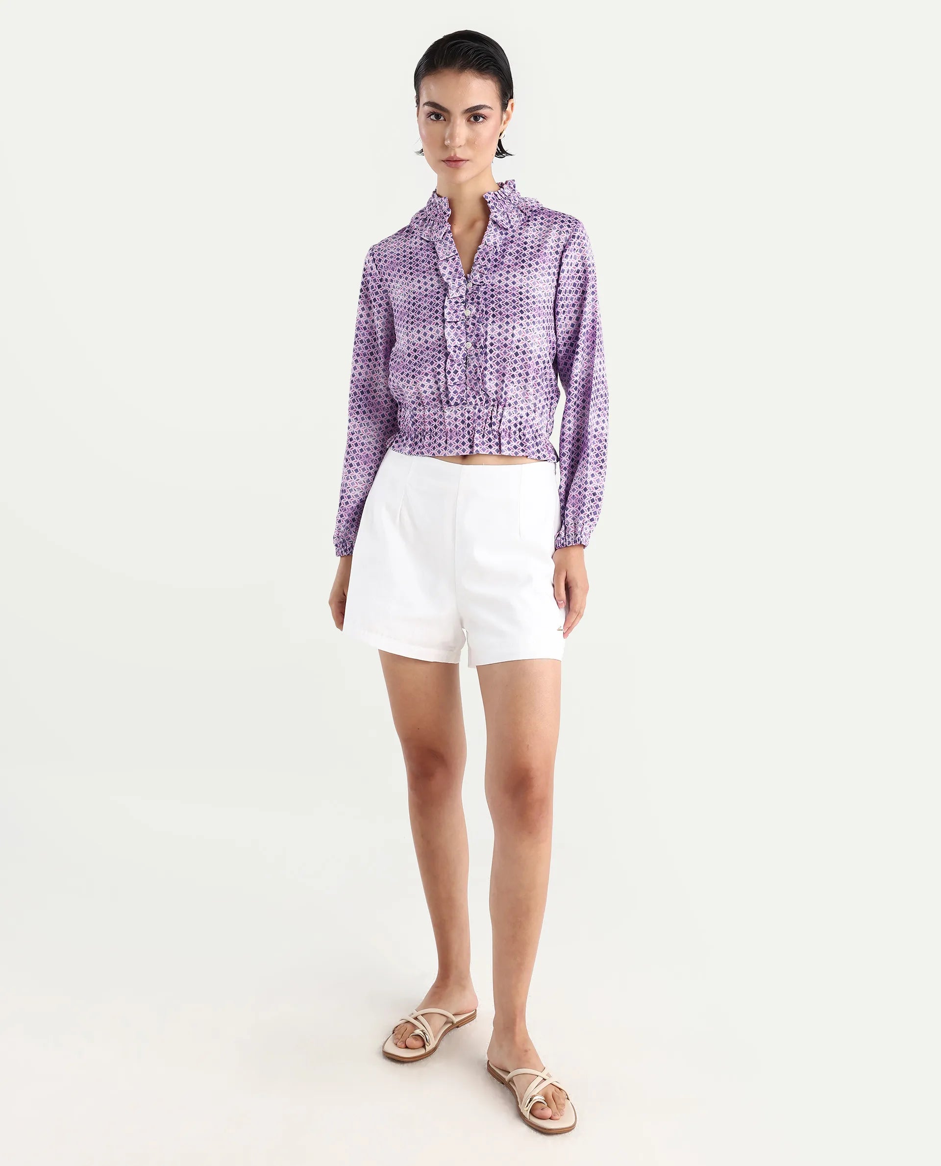 Rareism Women's Mugal Multi Polyester Blend V-Neck Geometric Print Balloon Sleeve Crop Regular Fit Top