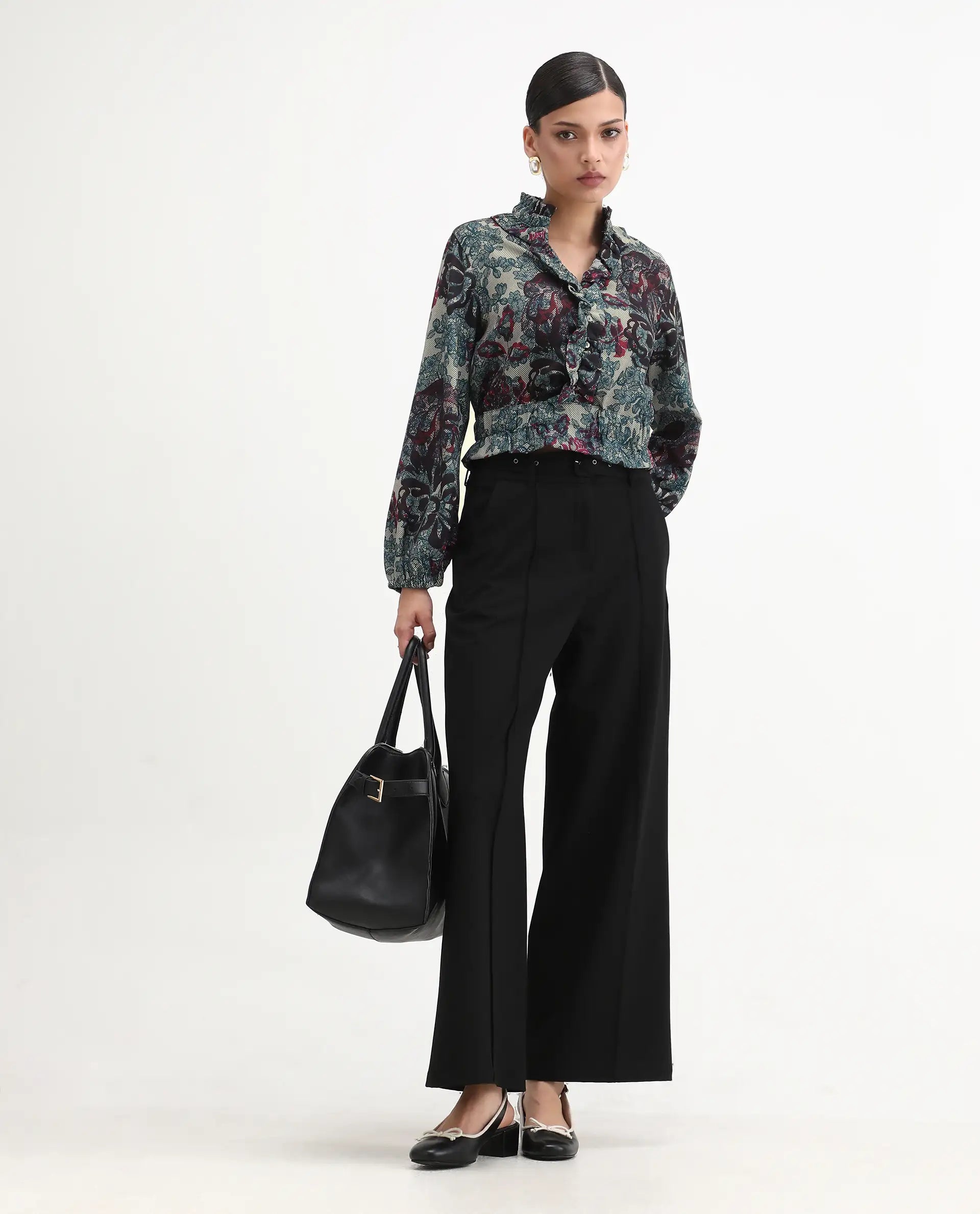 Rareism Women's Mugla Multi Polyester Blend V-Neck Floral Print Balloon Sleeve Crop Regular Fit Top