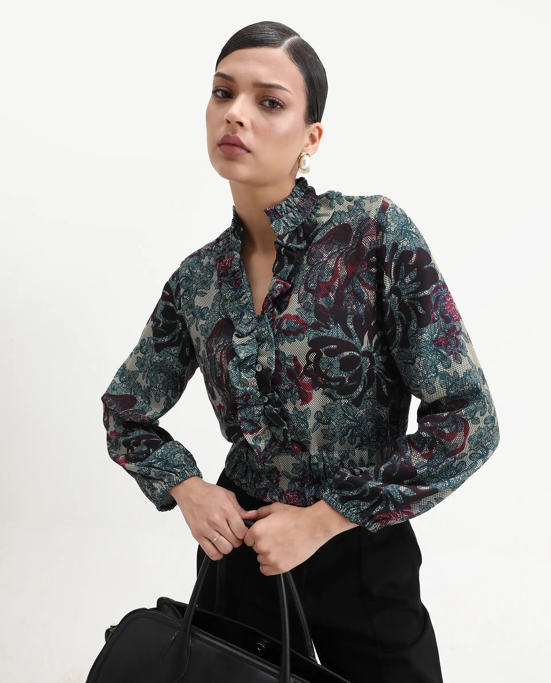 Rareism Women's Mugla Multi Polyester Blend V-Neck Floral Print Balloon Sleeve Crop Regular Fit Top