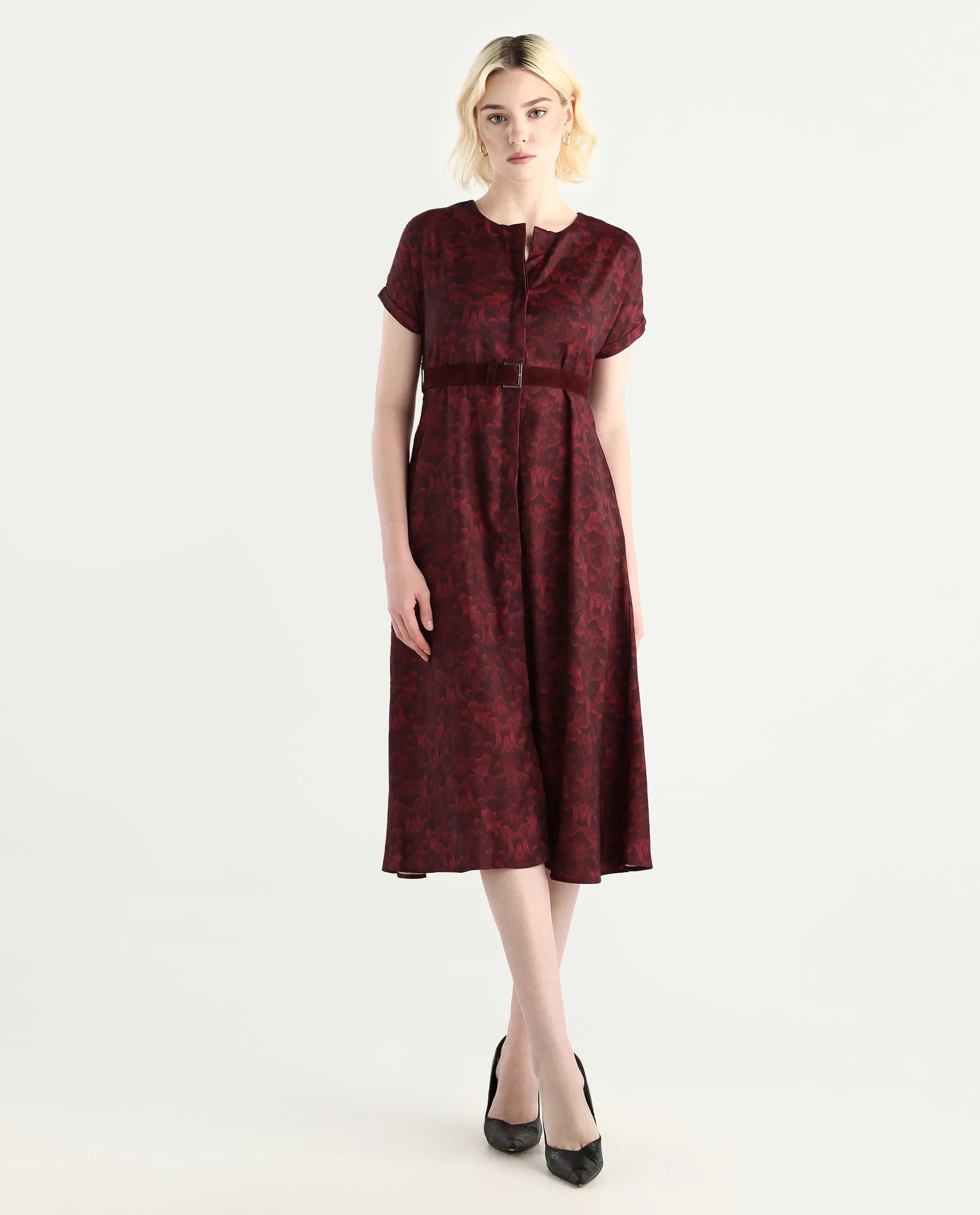 Rareism Women's Mulaani Maroon Satin Round Neck Abstract Print Extended Sleeves Midi A-Line Dress