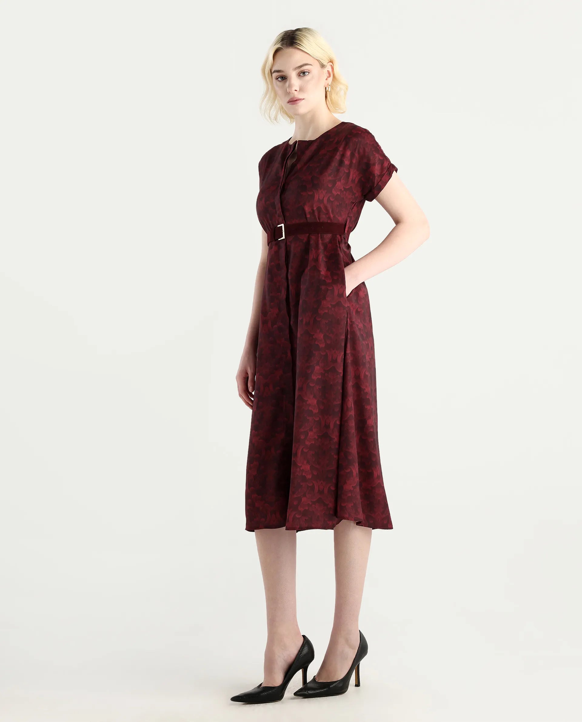 Rareism Women's Mulaani Maroon Satin Round Neck Abstract Print Extended Sleeves Midi A-Line Dress