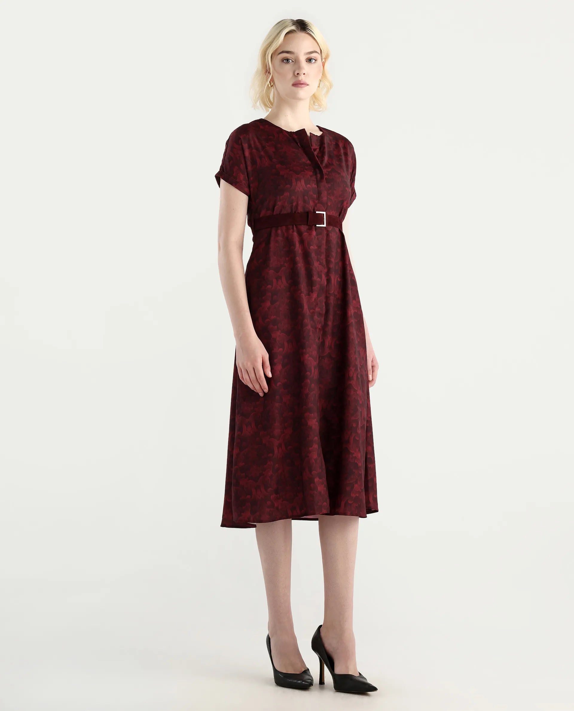 Rareism Women's Mulaani Maroon Satin Round Neck Abstract Print Extended Sleeves Midi A-Line Dress