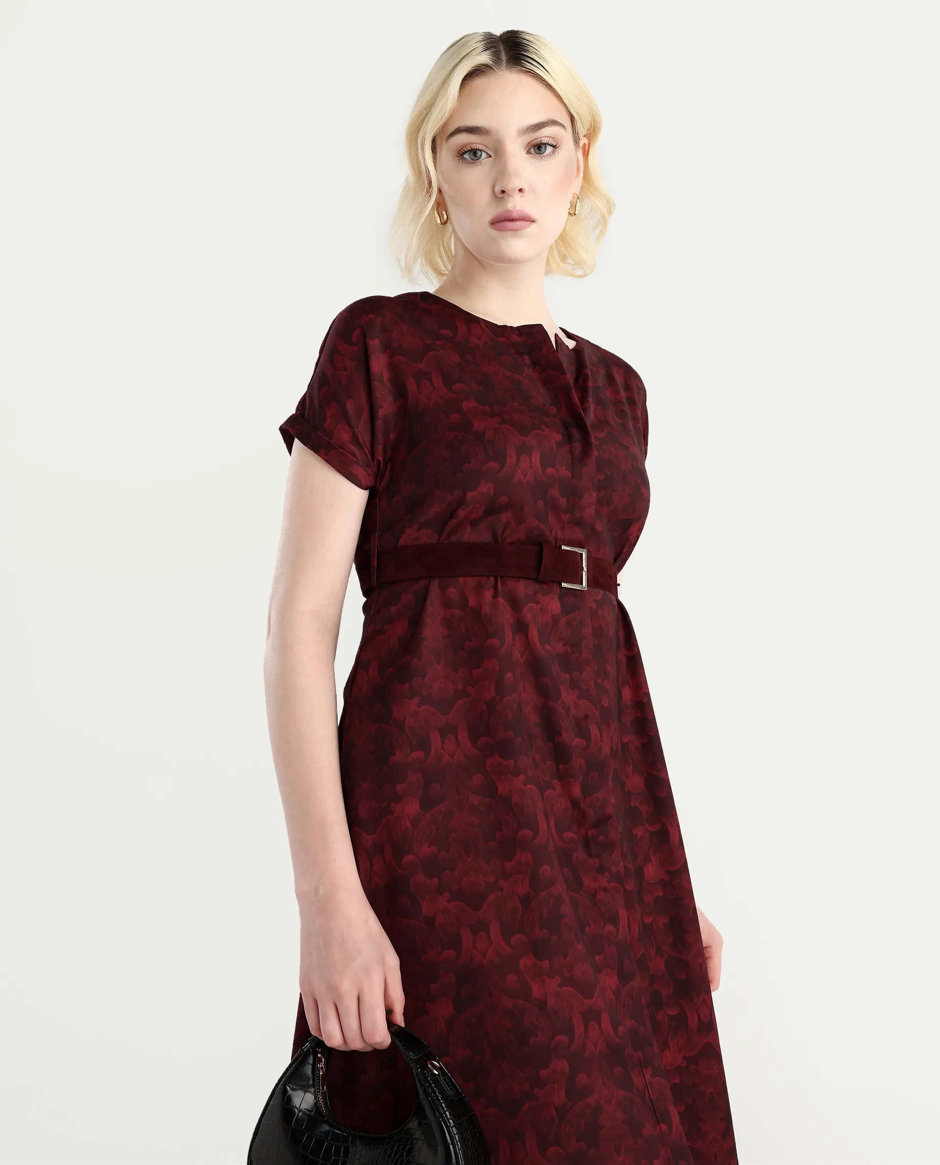 Rareism Women's Mulaani Maroon Satin Round Neck Abstract Print Extended Sleeves Midi A-Line Dress