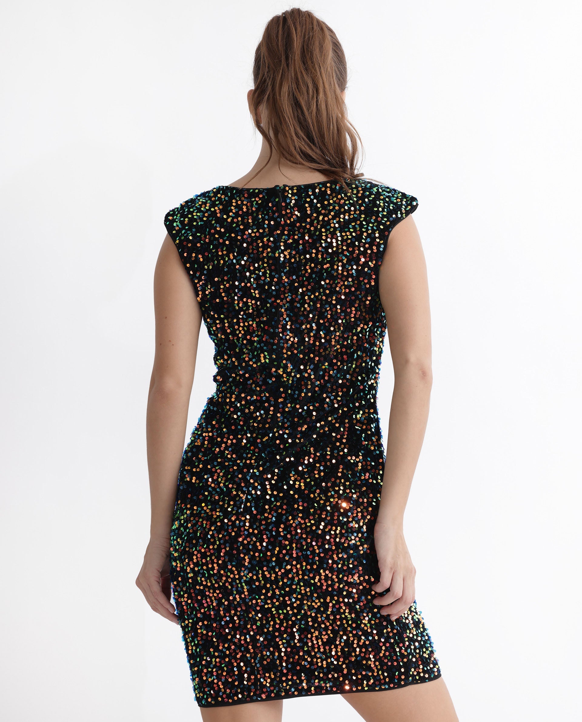 Rareism Women Mulan Sheen Purple Polyester Fabric Short Sleeves Round Neck Extended Sleeve Regular Fit Sequined Short Empire Dress