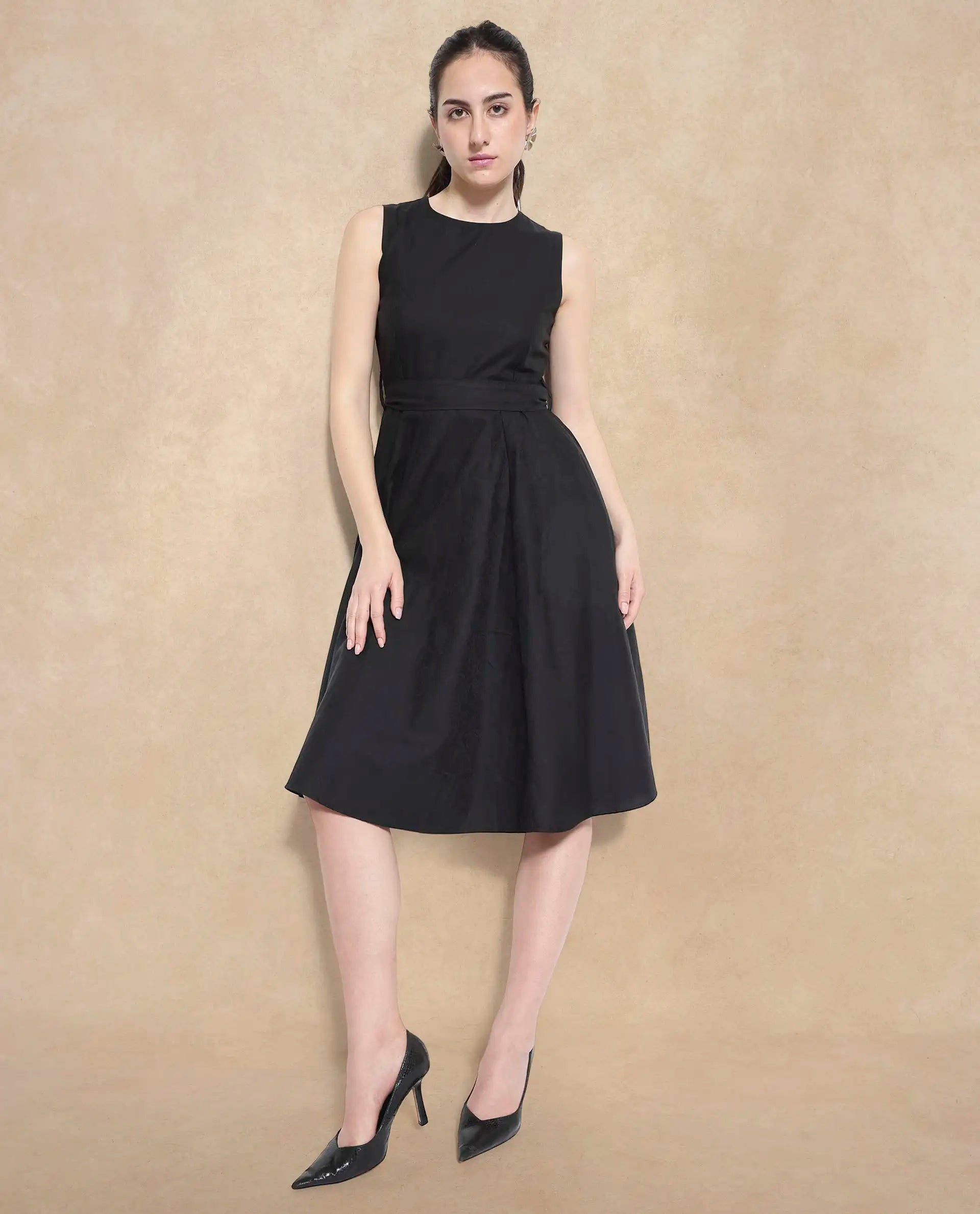 Rareism Women Mulana Black Sleeveless Round Neck Zipper A-Line Plain Midi Dress